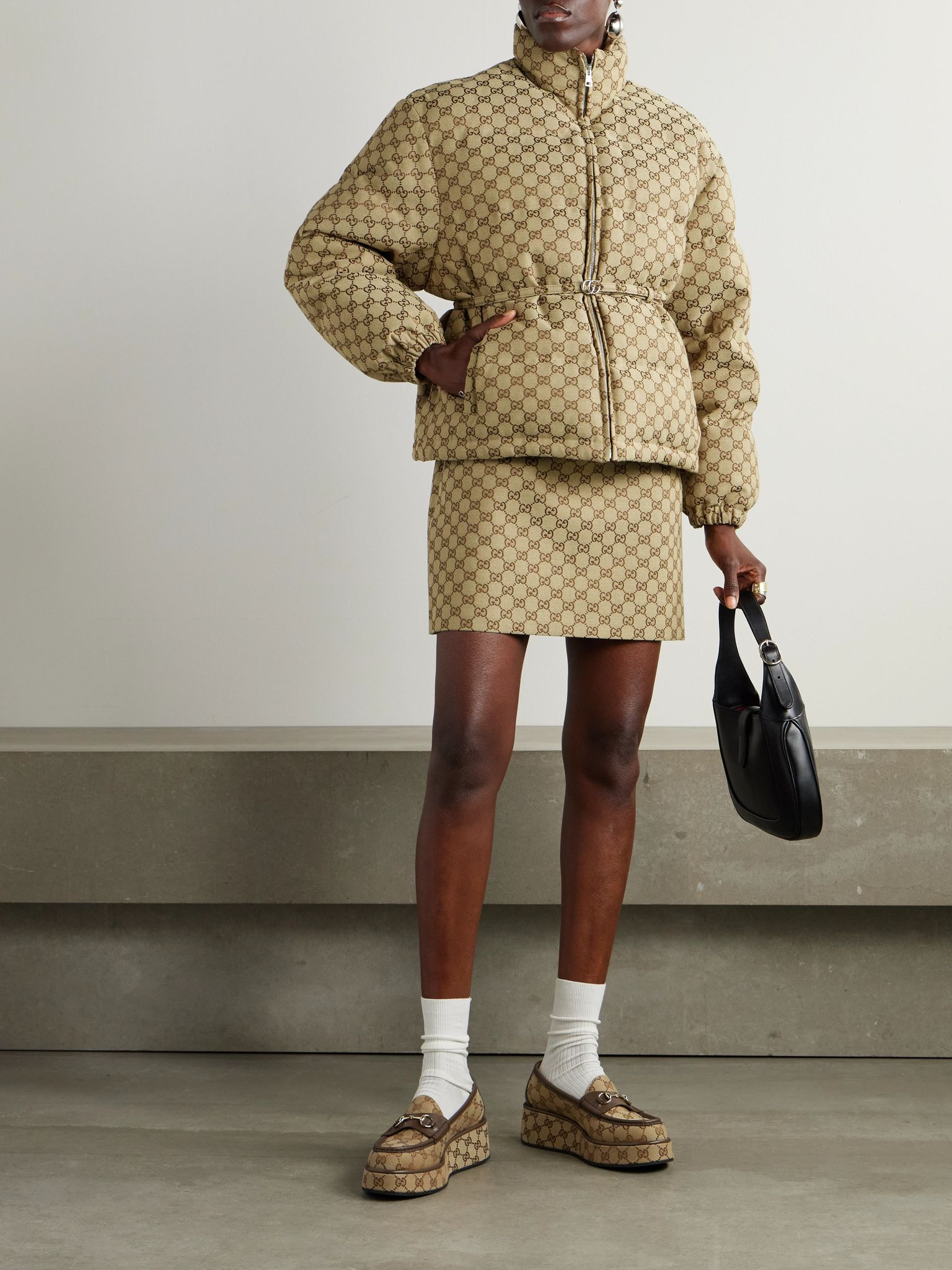 Belted leather-trimmed cotton-blend canvas down jacket Camel - 2