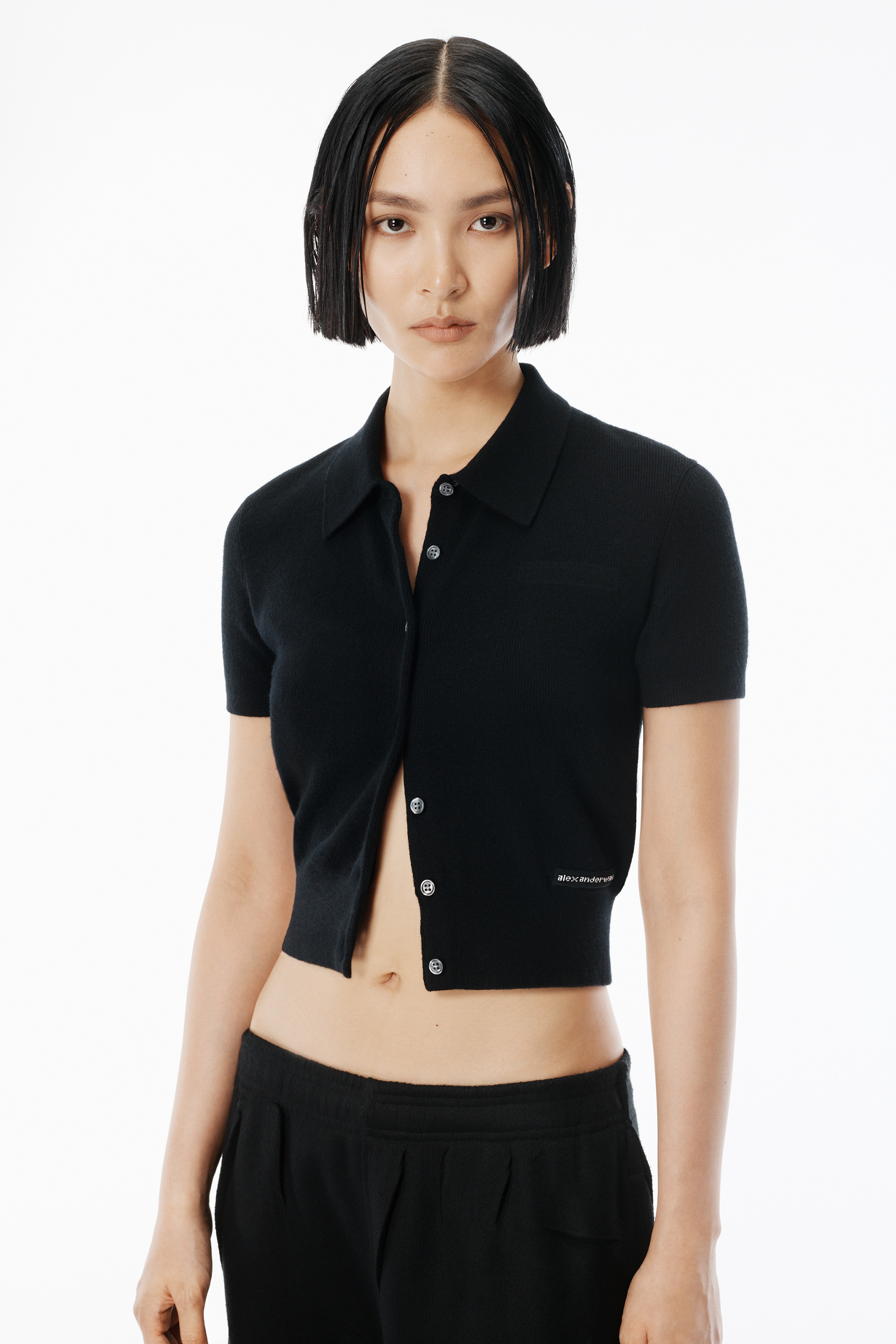 Black Wool Short Sleeve Polo Cardigan - 3