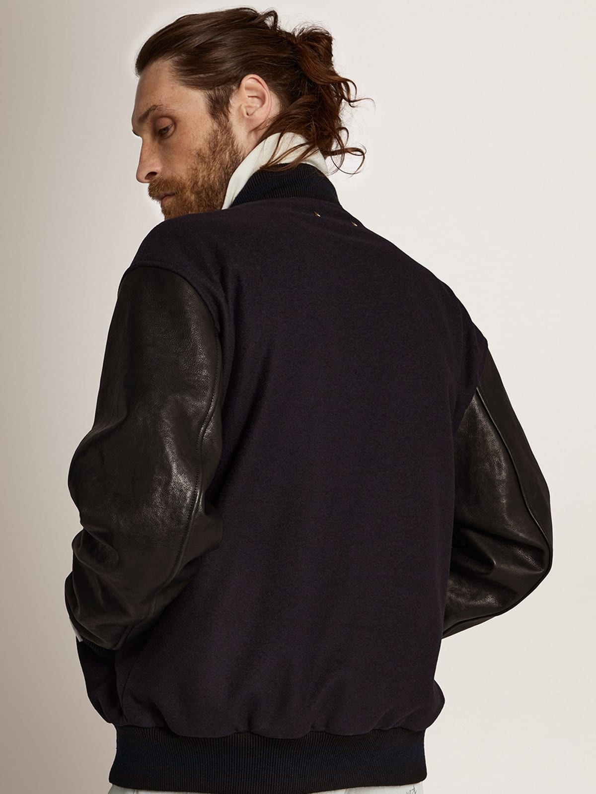Men's bomber jacket in dark blue wool with leather sleeves - 4