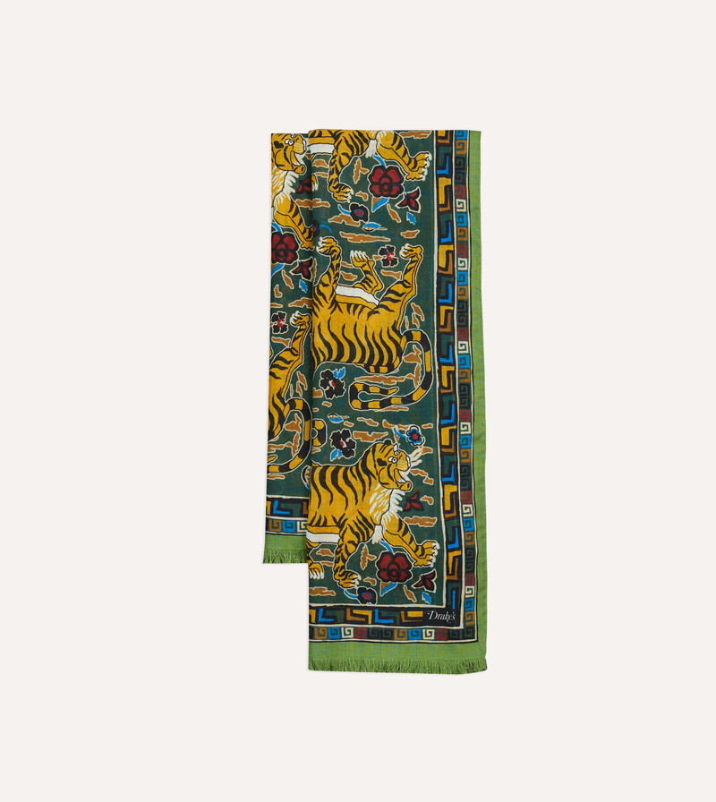 Green Tiger Print Wool-Silk Scarf 1