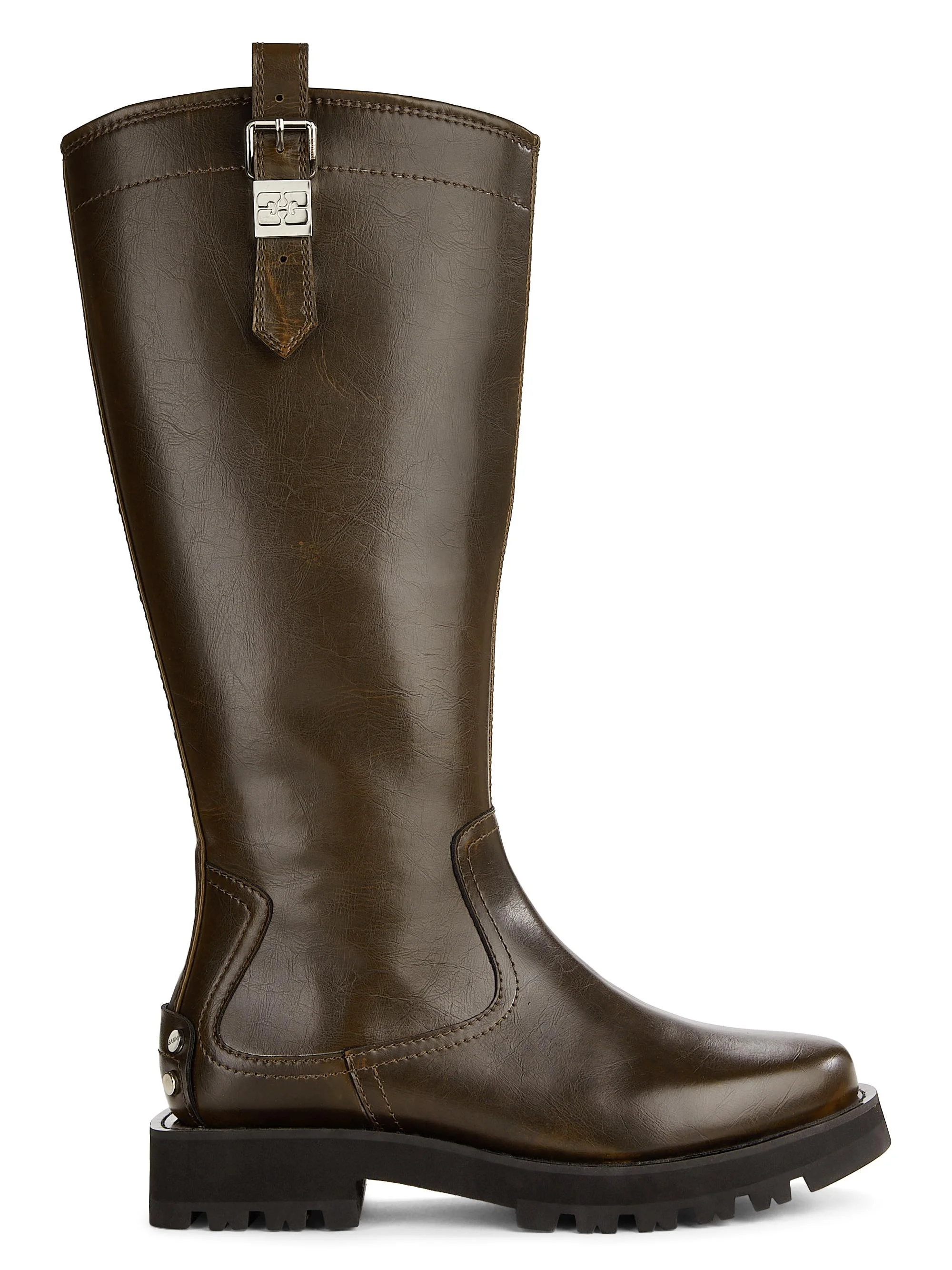 Women's Studs Crinkle Faux-Leather High Boots - Dark Olive - 1