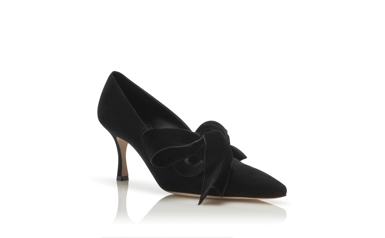 Black Suede and Velvet Bow Detail Pumps - 3