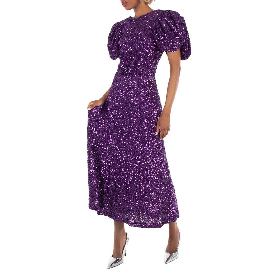 Rotate Ladies Purple Magic Sequins Puff Sleeve Dress - 3