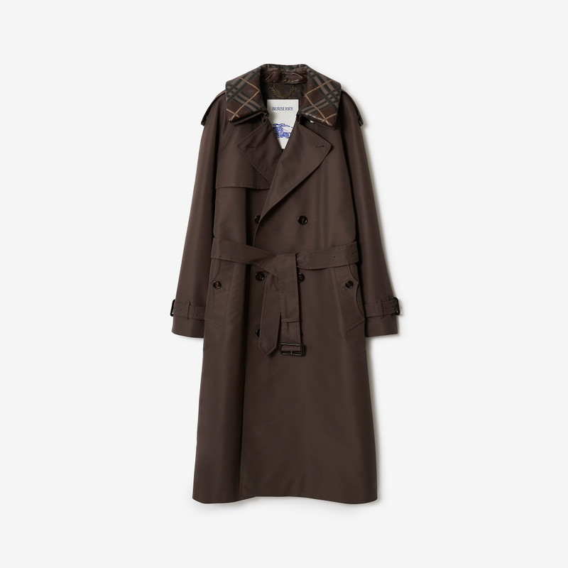 Long Check Collar Silk Cotton Trench Coat 1