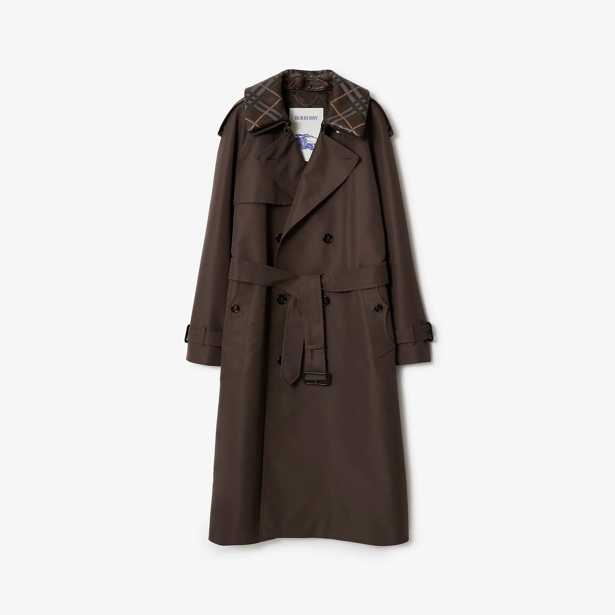 Long Check Collar Silk Cotton Trench Coat - 1