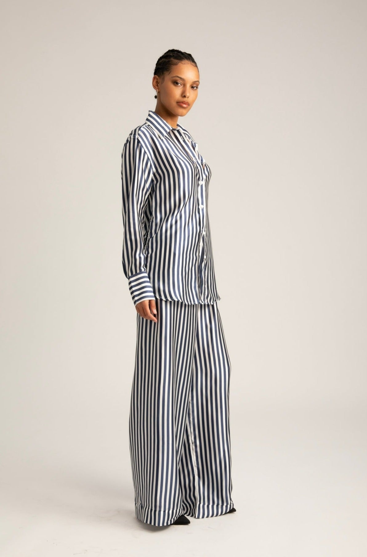 NAVY STRIPED SILK BUTTON DOWN - 3