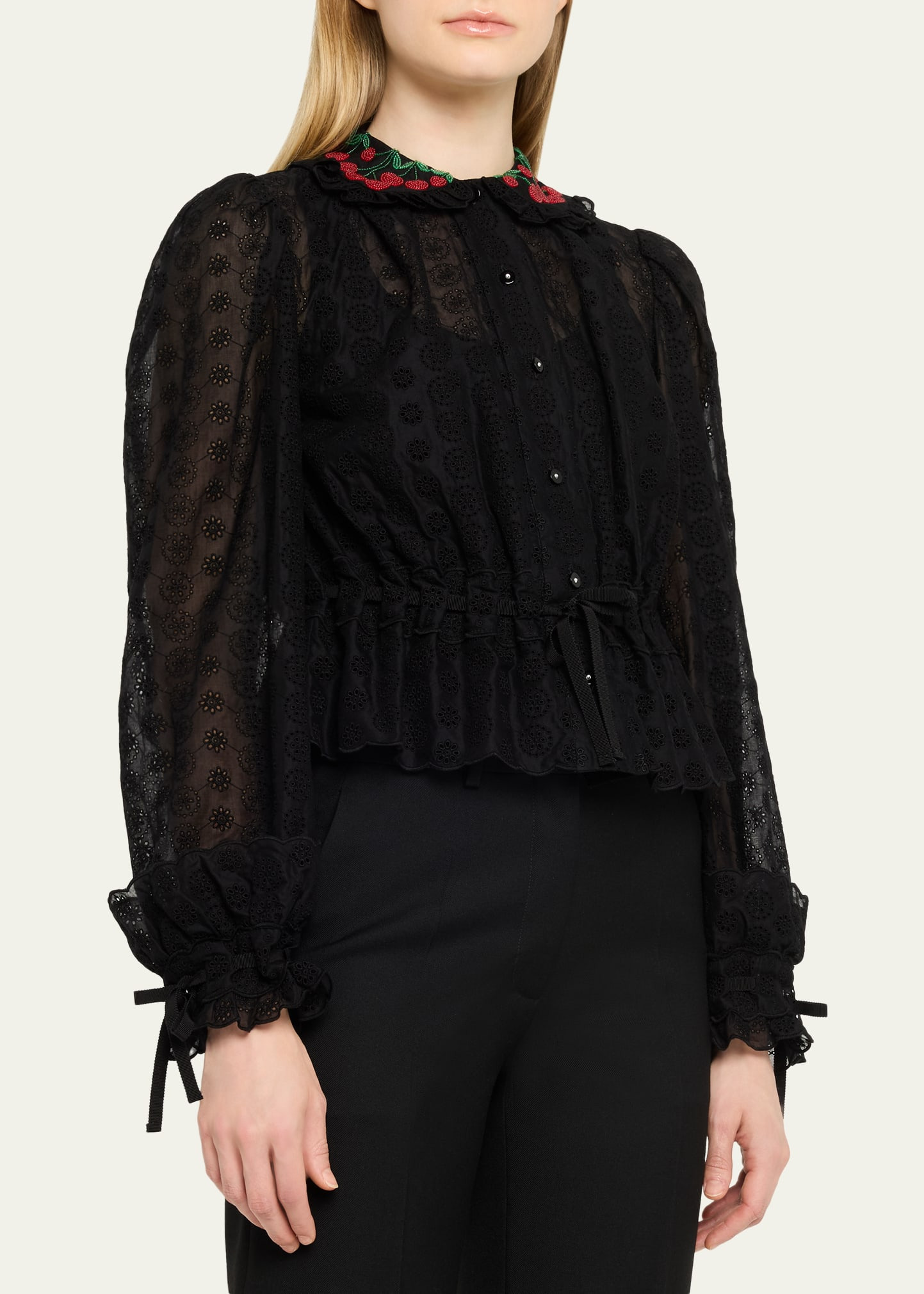 Cherry Embroidered Daisy Sangallo Self-Tie Blouse - 4