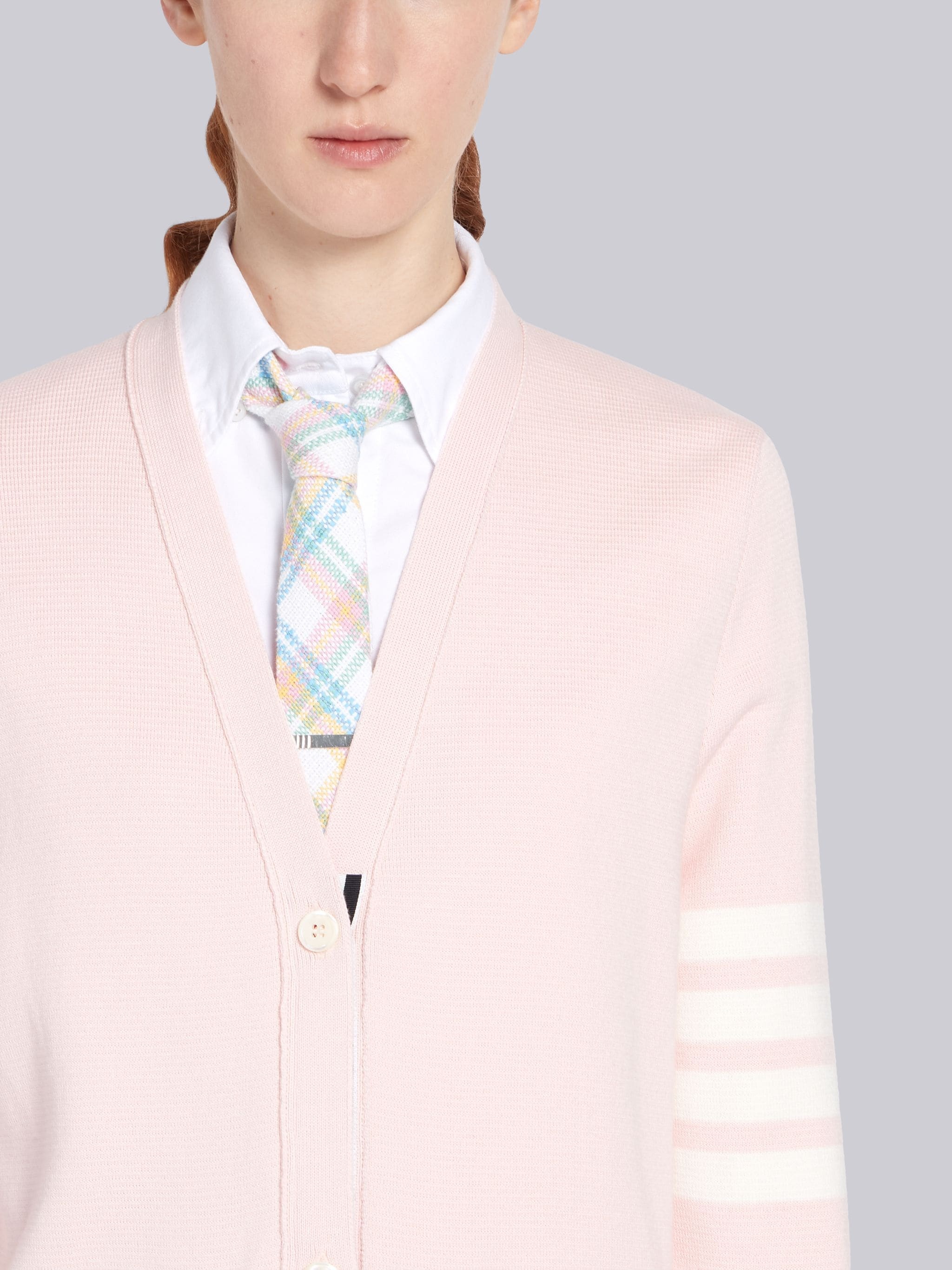 Pink Cotton Crepe Long V-Neck 4-Bar Cardigan - 4