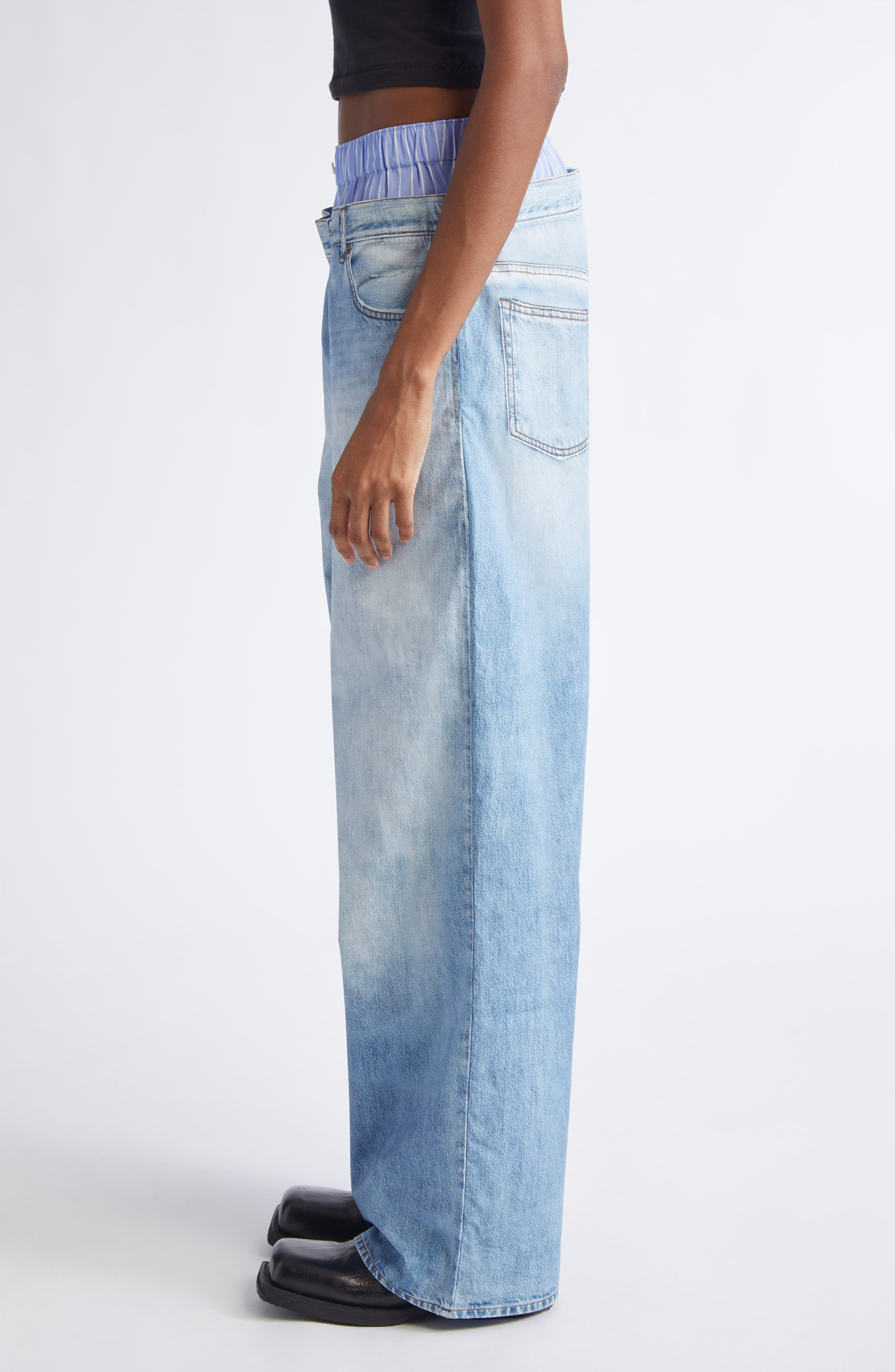 Acne Studios Boxer Waistband Denim Trompe l'Oeil Wide Leg Poplin Pants in Light Blue at Nordstrom - 4