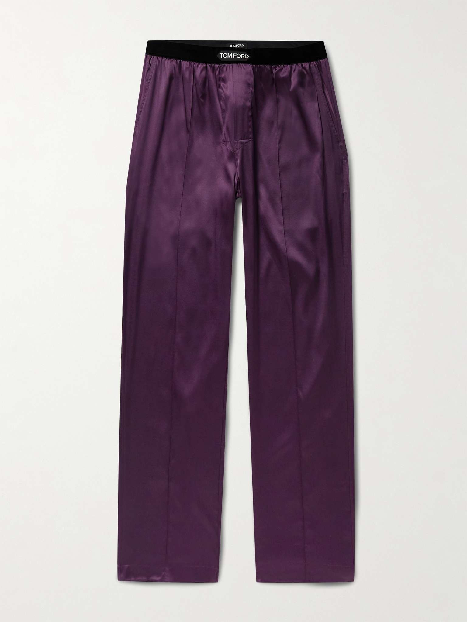 Velvet-Trimmed Stretch-Silk Satin Pyjama Trousers - 1