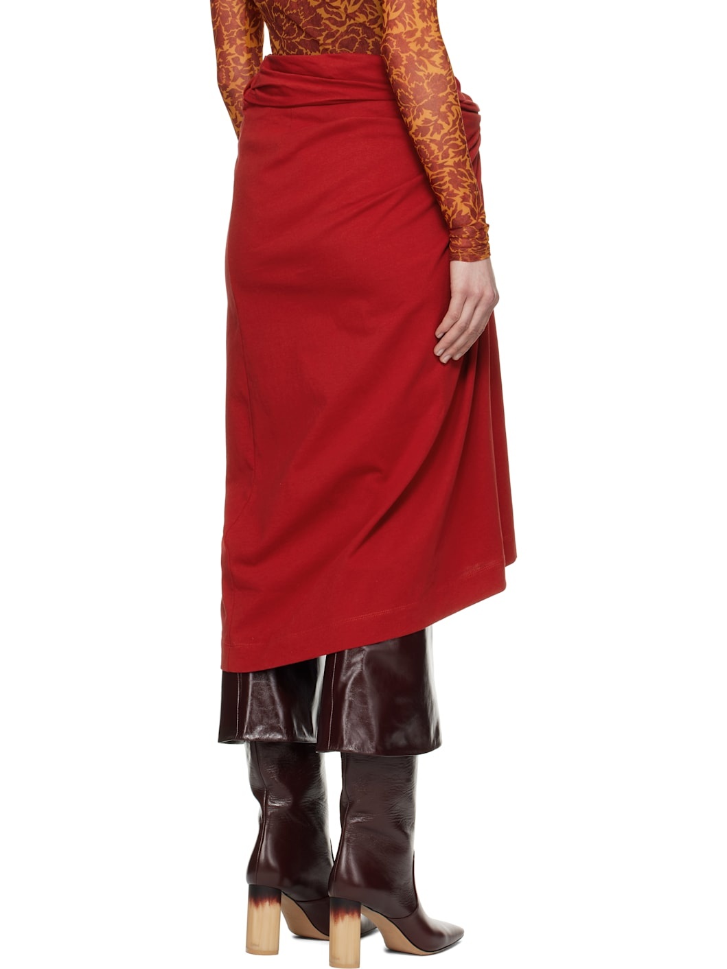 Red Knotted Jersey Midi Skirt - 3