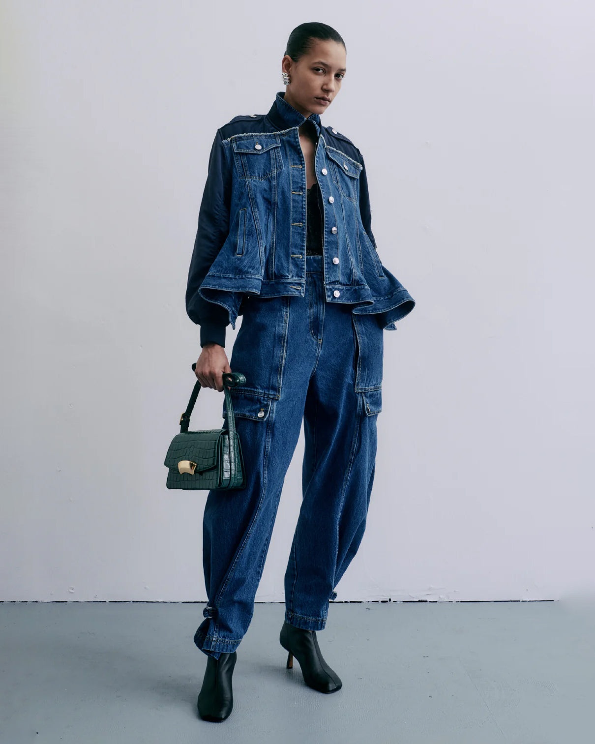 Ruffle-Hem Paneled Denim Flight Jacket - 6