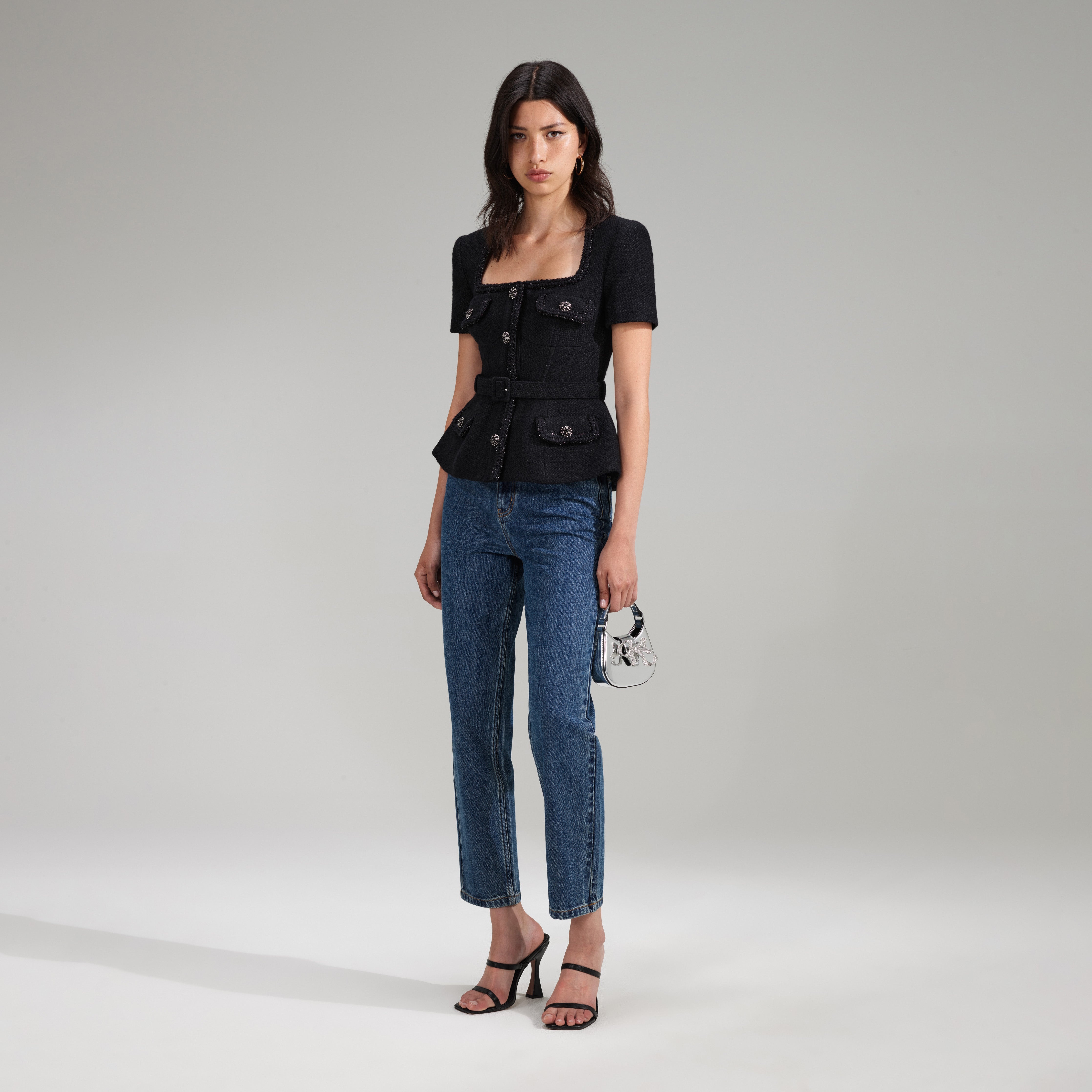 self-portrait Black Tailored Textured Top | REVERSIBLE