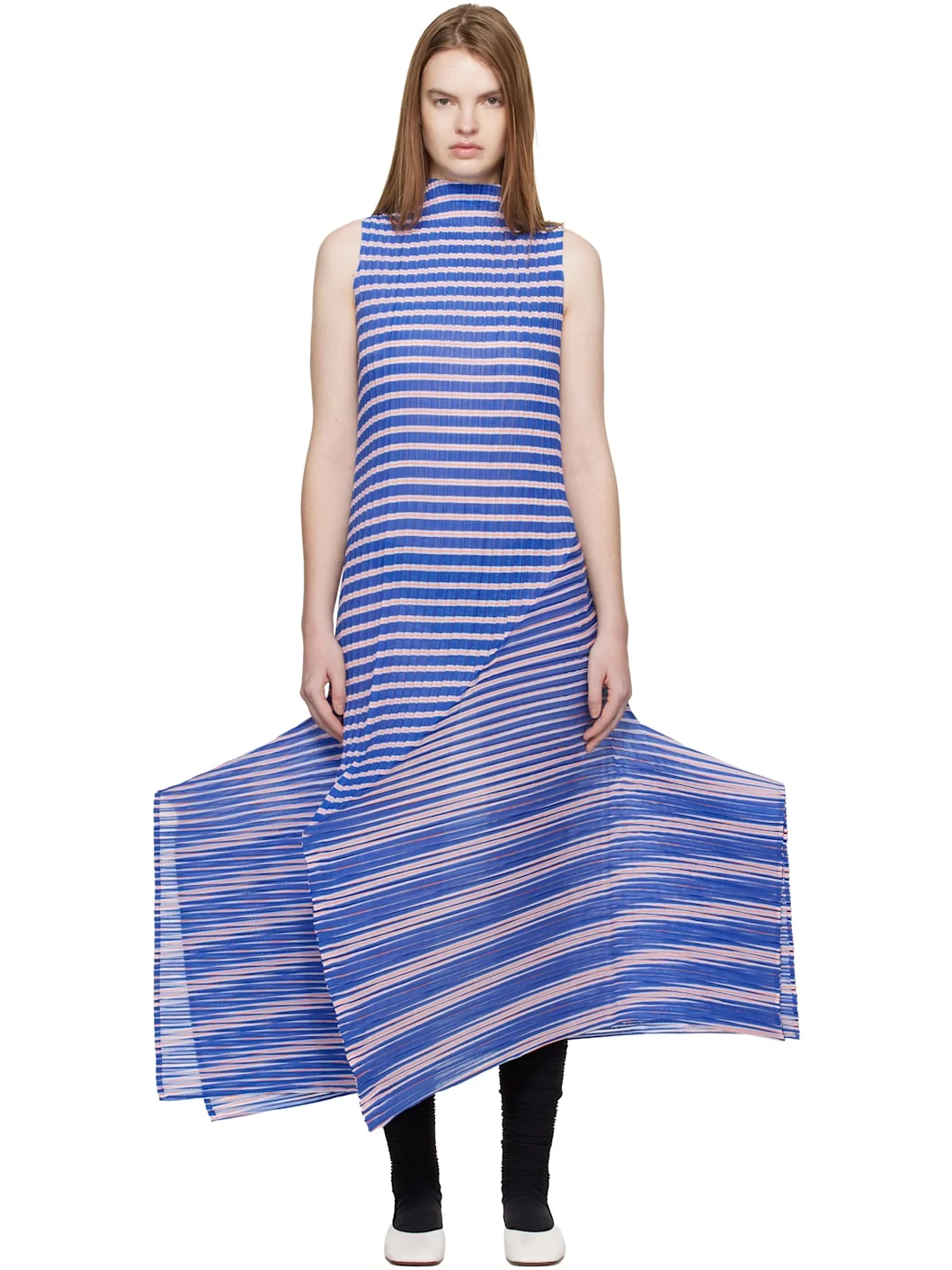 Navy Generic Stripes Machine Pleats Midi Dress - 1