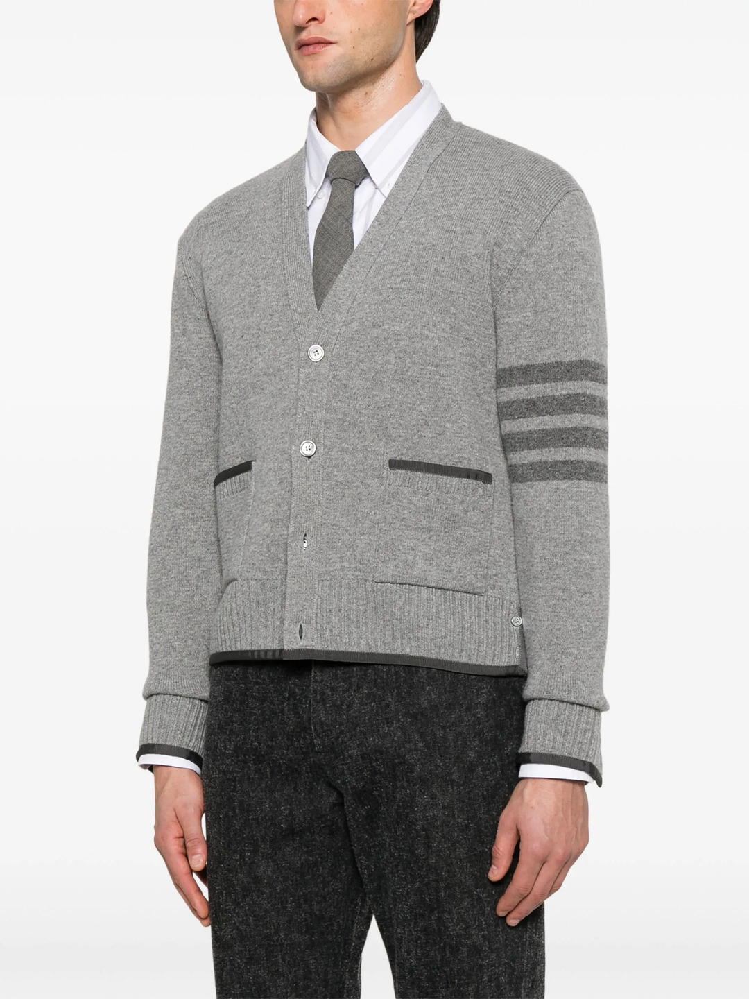 Milano Stitch Merino Wool 4-Bar V Neck Cardigan Men - 3