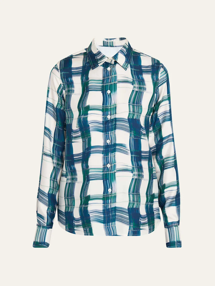 Brushstroke Check Button Down Silk Blouse - 1