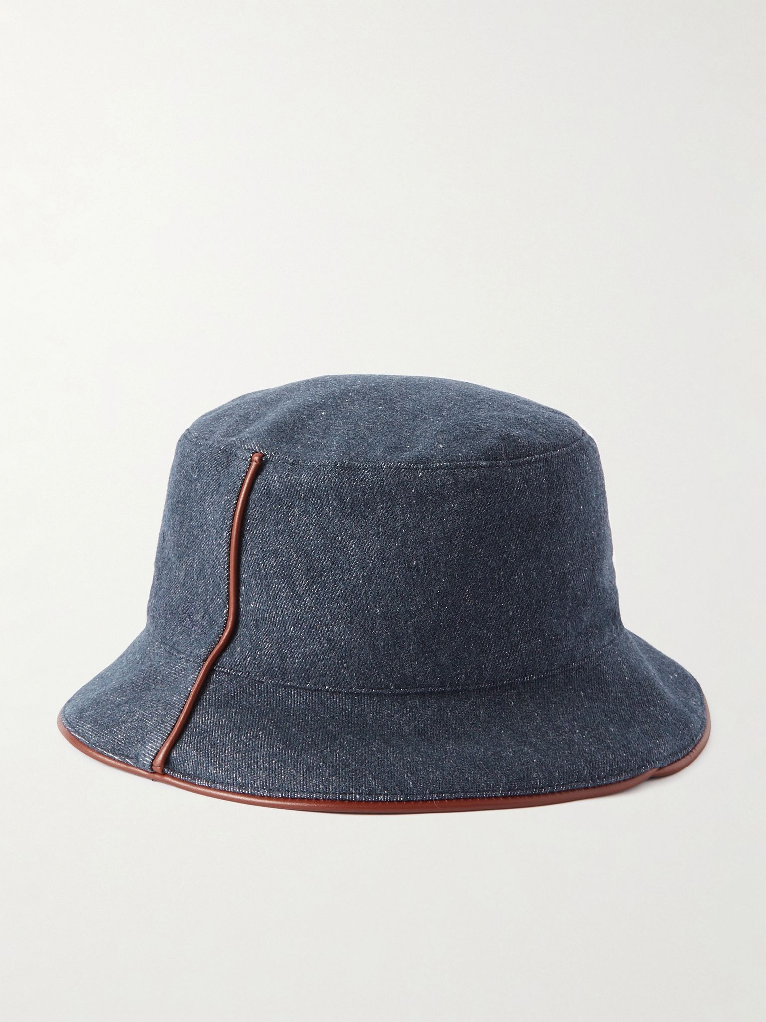 Leather-Trimmed Logo-Embroidered Denim Bucket Hat Blue - 3