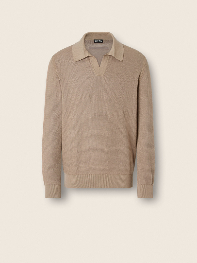 LIGHT TAUPE MÉLANGE CASHMERE AND SILK POLO SHIRT 1