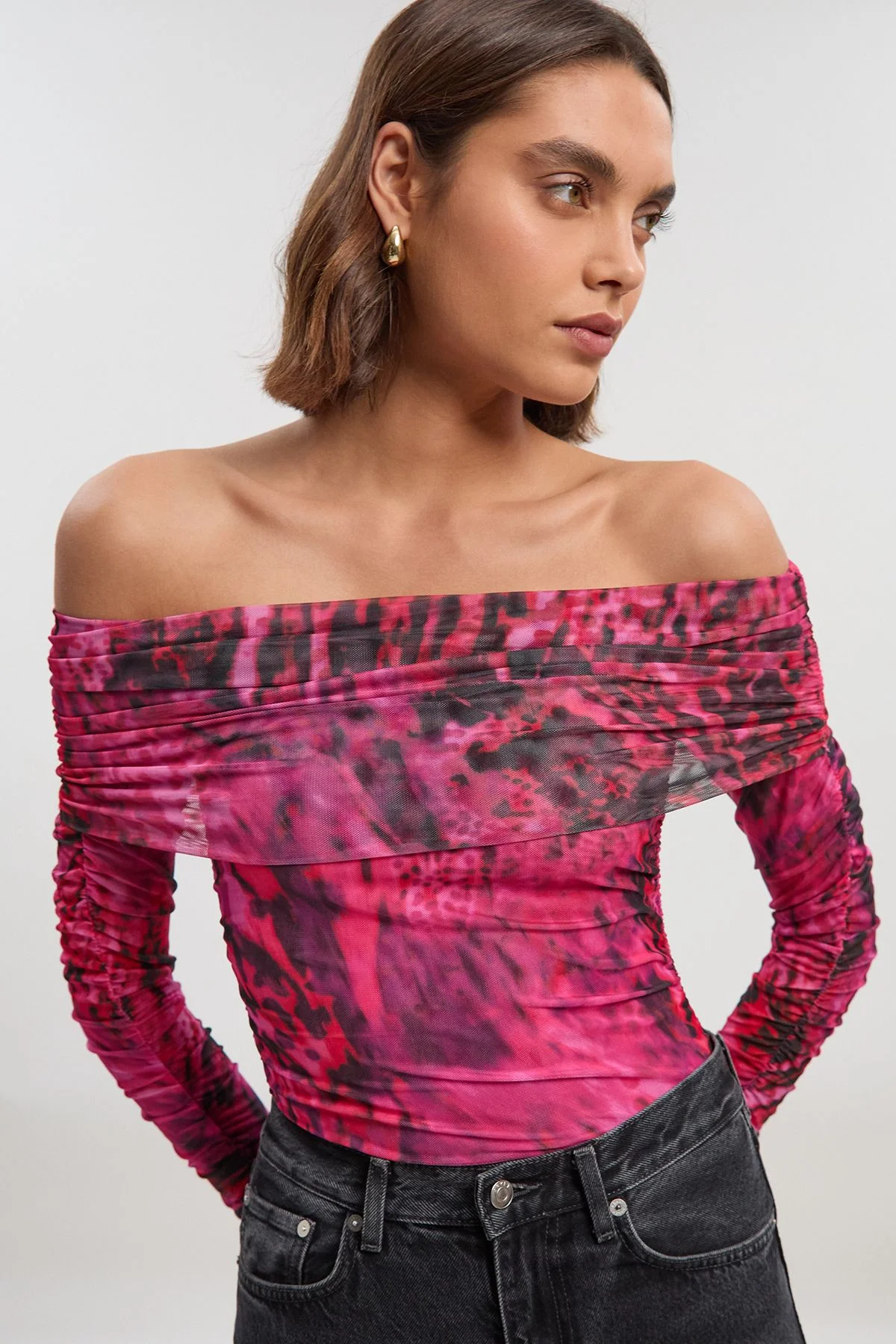 Animal Print Off The Shoulder Ruched Bodysuit - 1