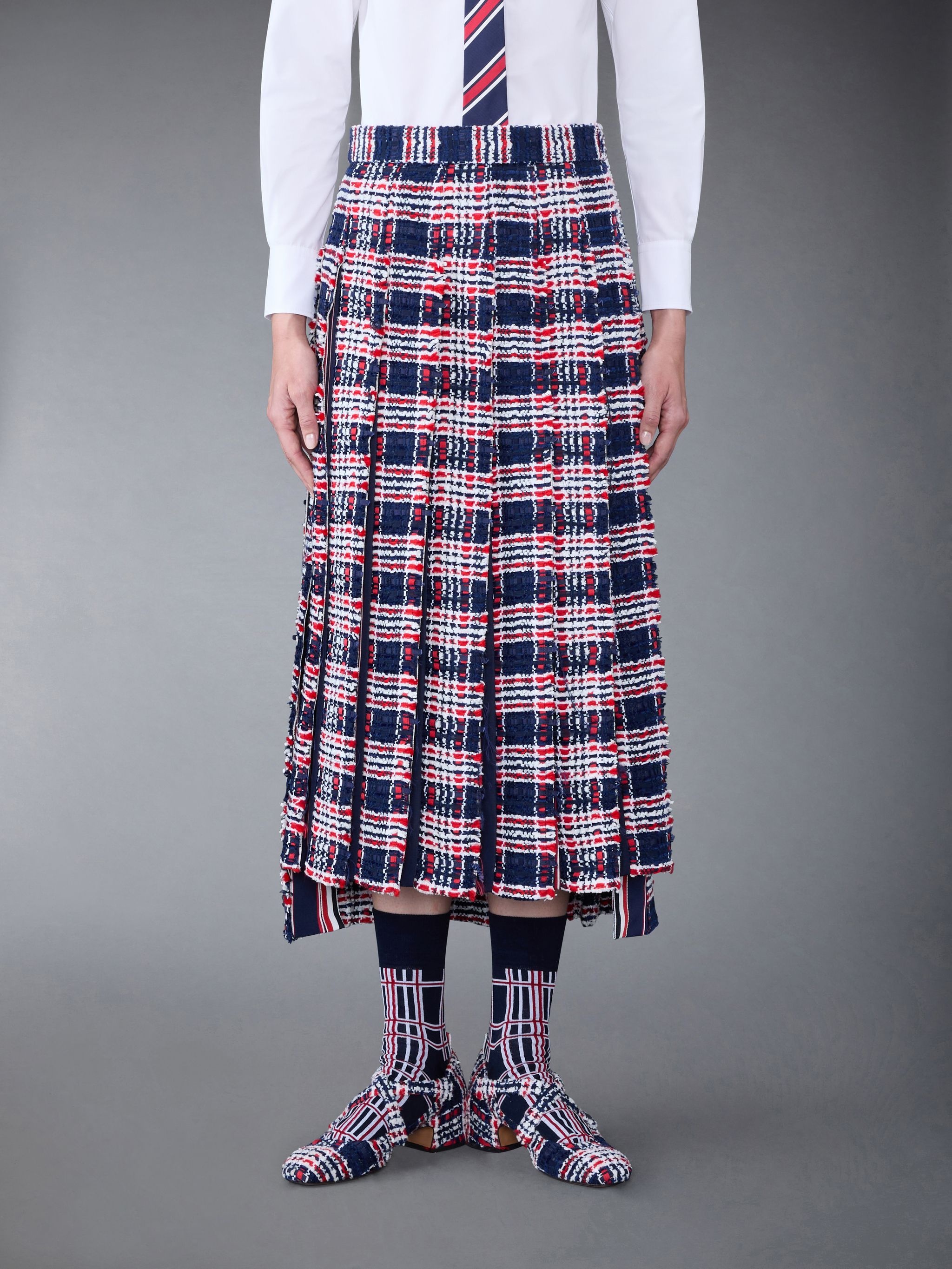 Prince of Wales Check Frayed Chenille Tweed Pleated Skirt - 1