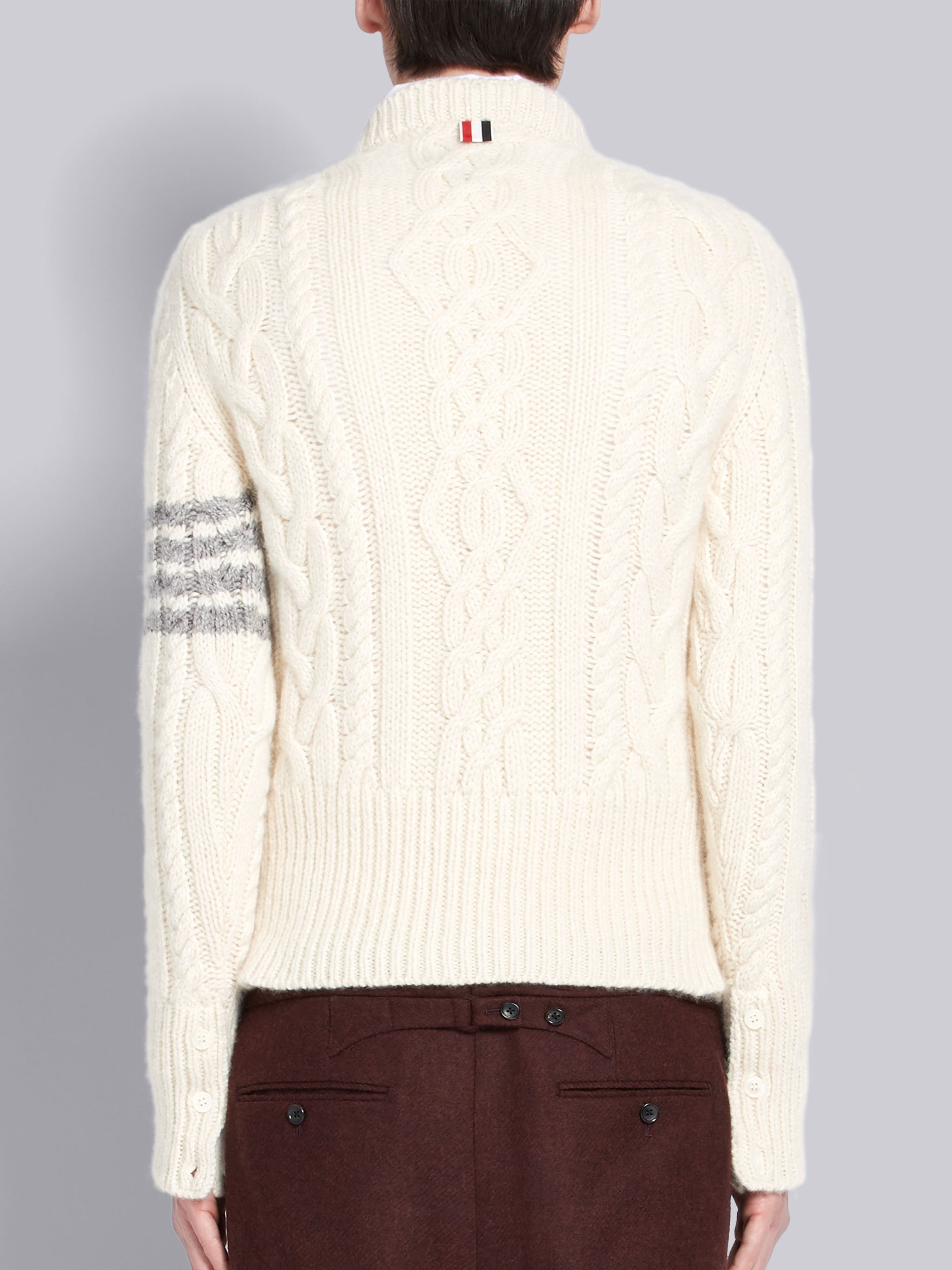 White Cashmere Aran Cable 4-bar Crew Neck Pullover - 3