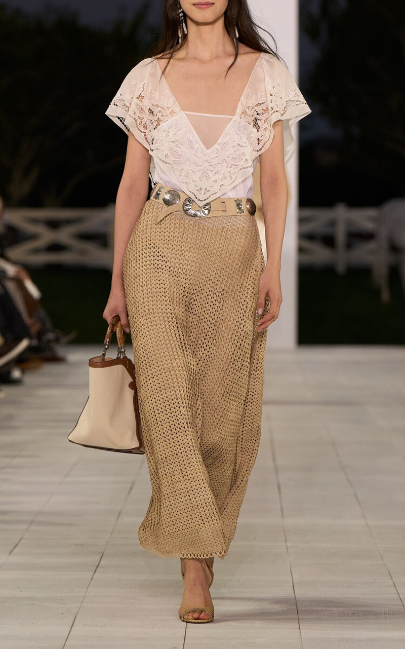 Ralph Lauren Trivelas Open-Knit Leather Maxi Skirt nude outlook