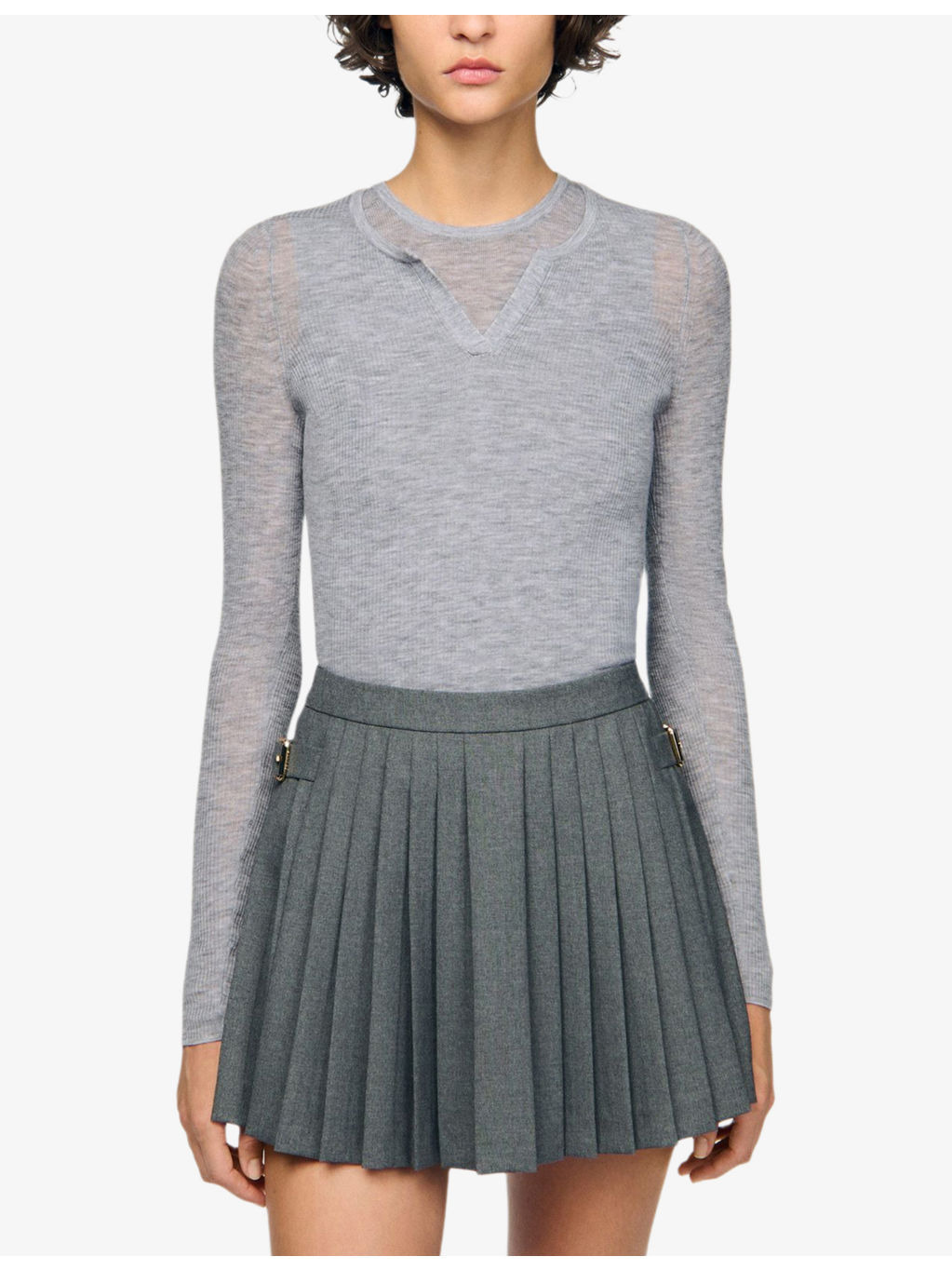 Round-neck layered-design wool top - 3