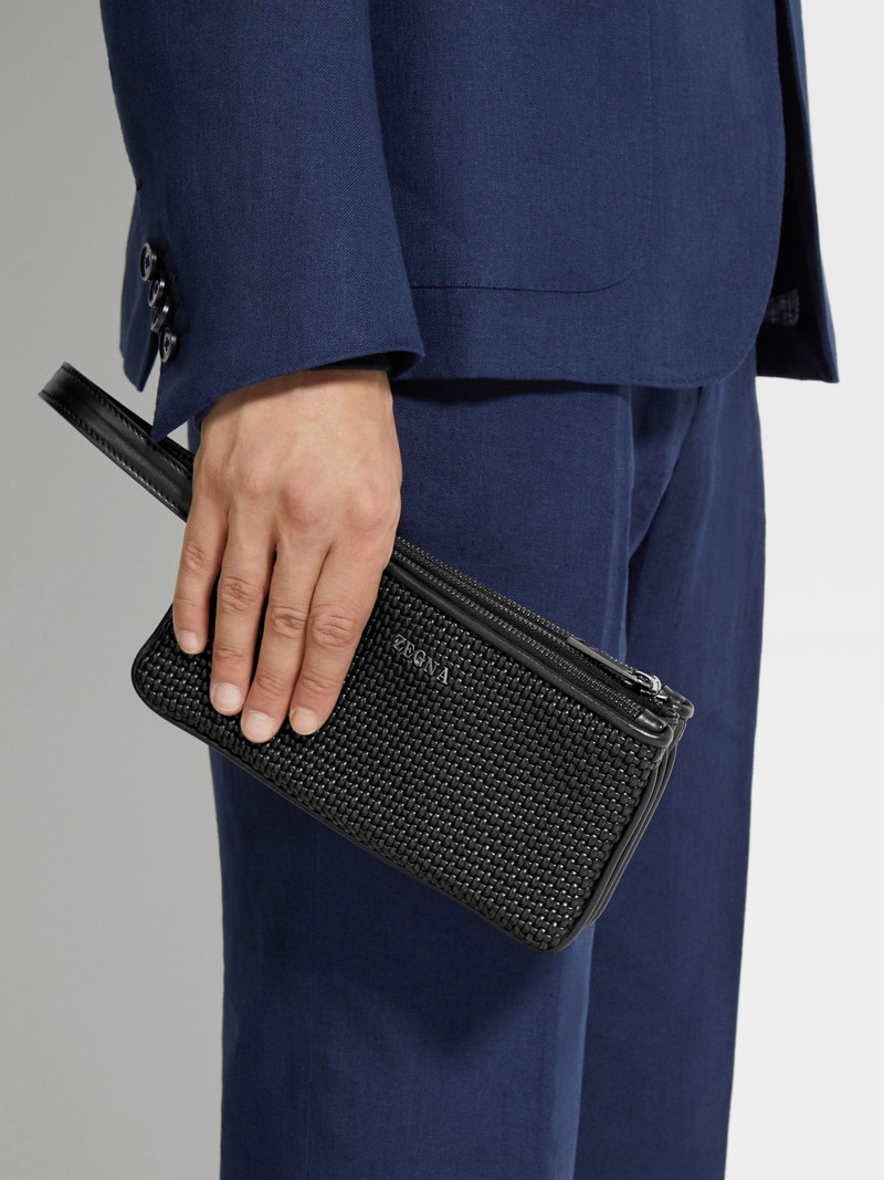 ZEGNA BLACK PELLETESSUTA™ LEATHER TRIPLE ZIP POUCH outlook