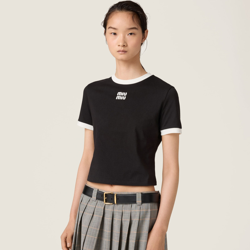 Miu Miu Cotton jersey T-shirt with embroidered logo outlook