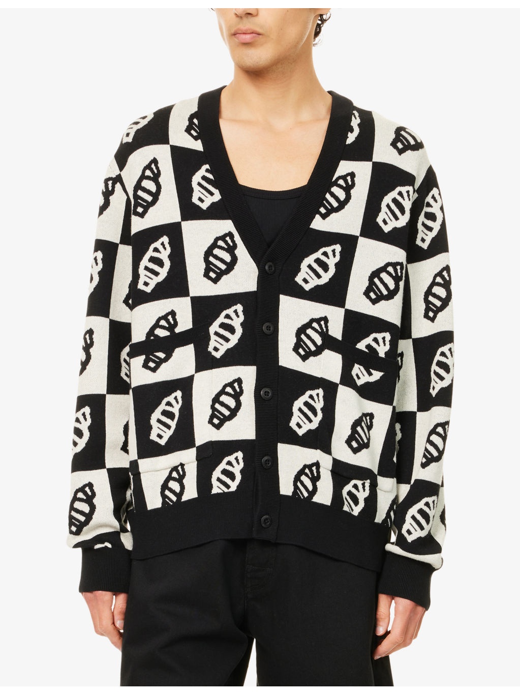 Checkerboard V-Neck Cotton And Wool Cardigan - 3