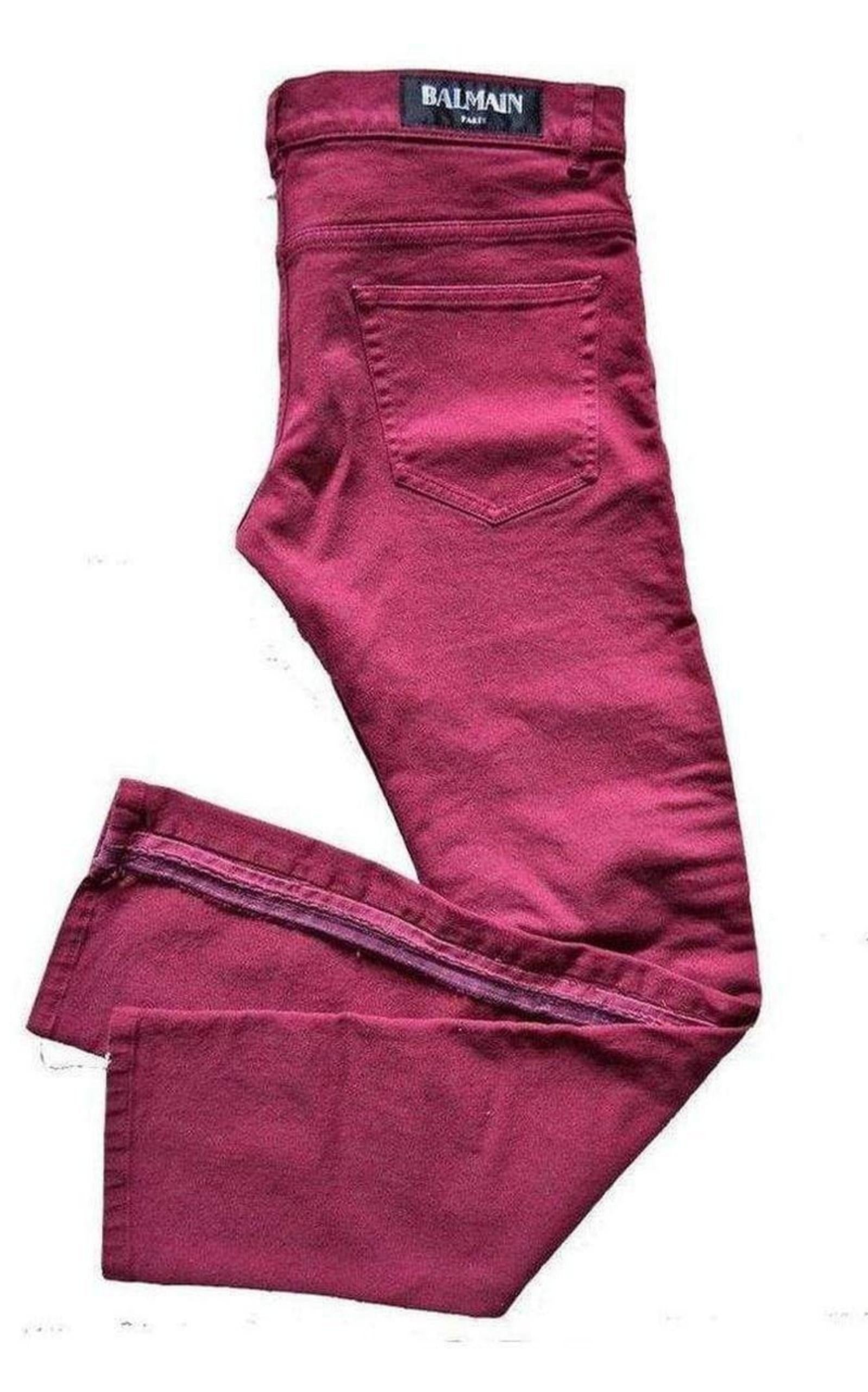 Burgundy Embroidered Trimming Slim Stretch Jeans - 2