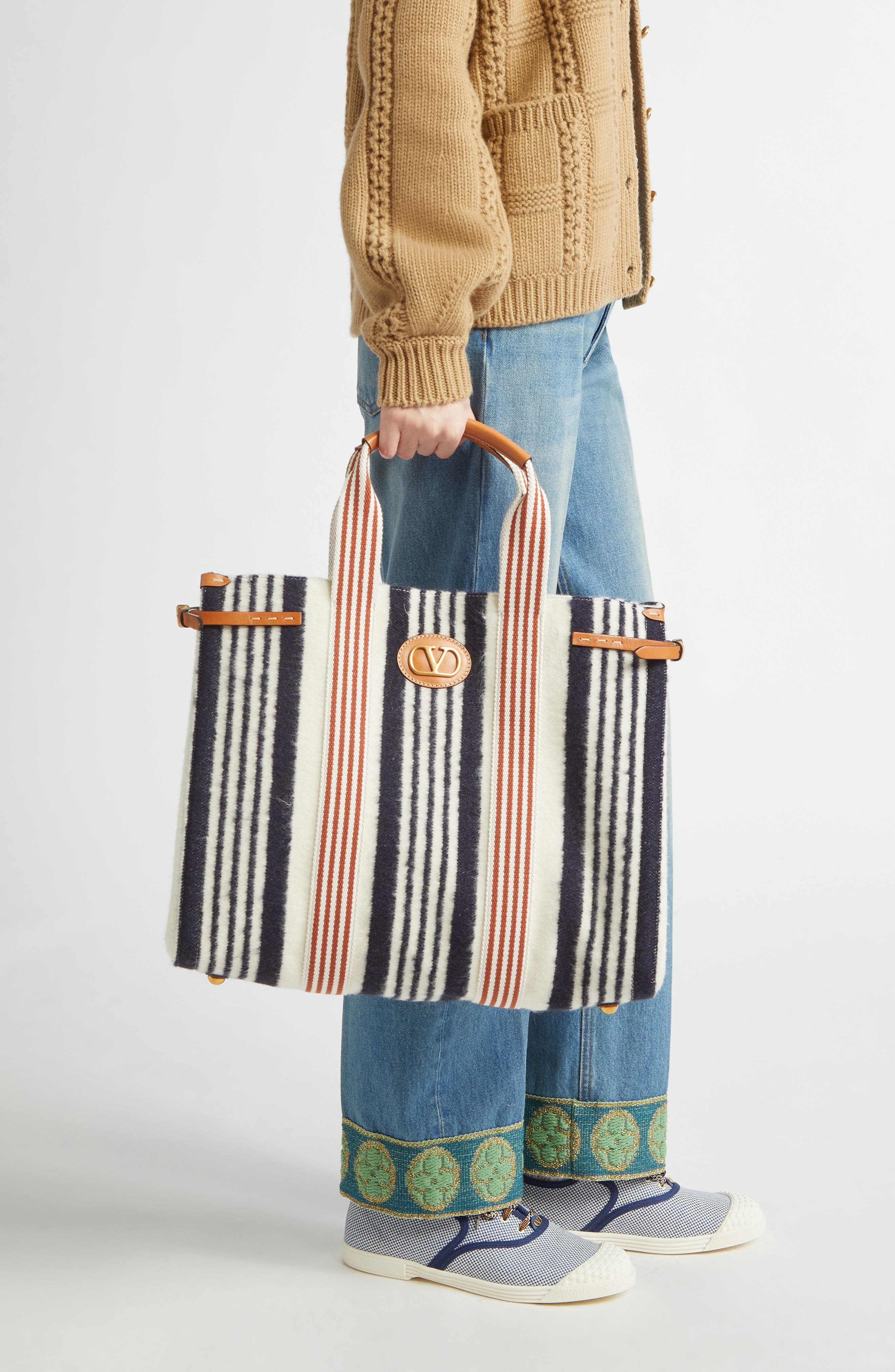 Valentino Garavani Large Tess Stripe Tote in Navy/Ivy at Nordstrom - 2