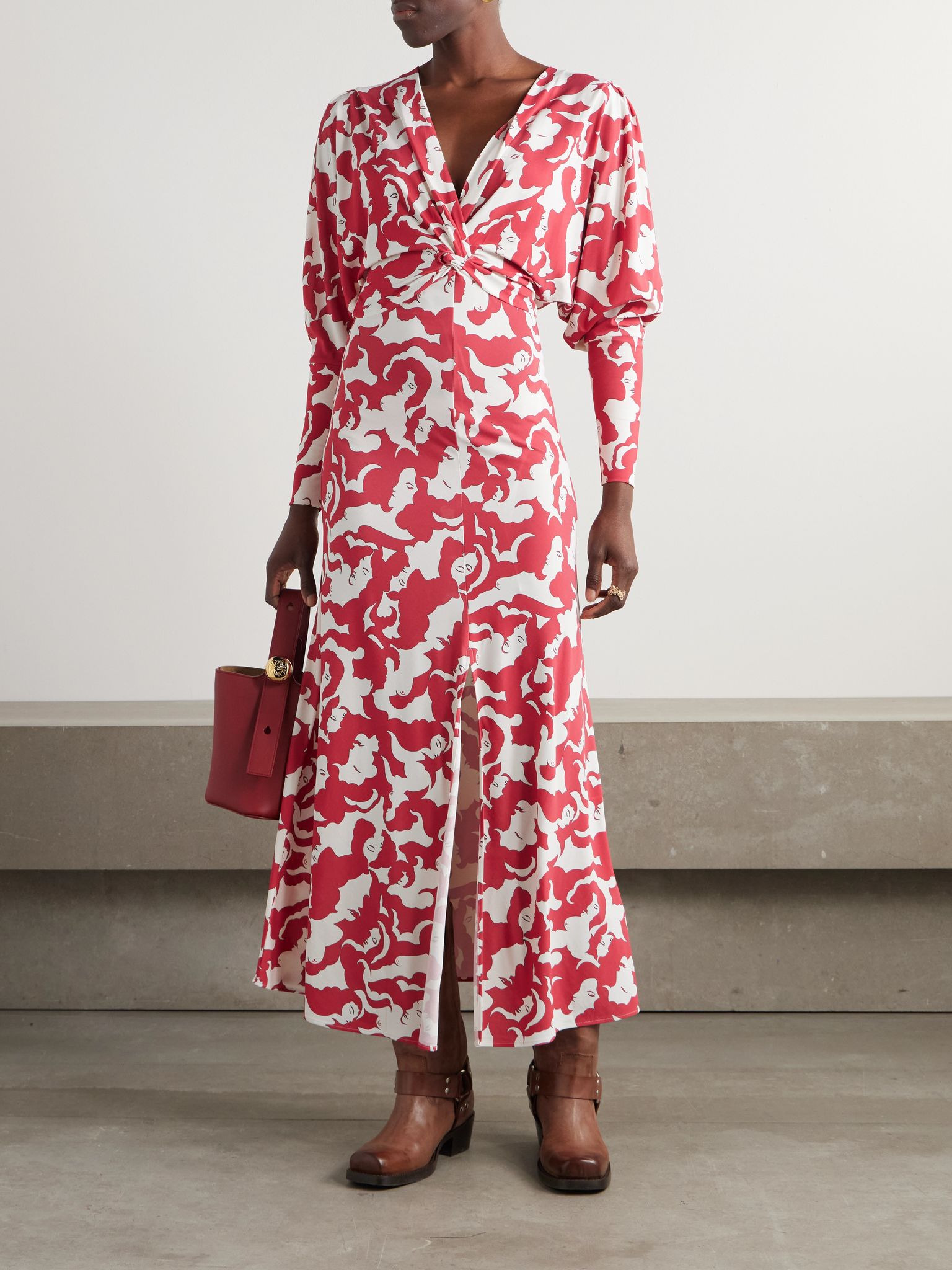 + MOTHER twist-front printed jersey midi dress Red - 3
