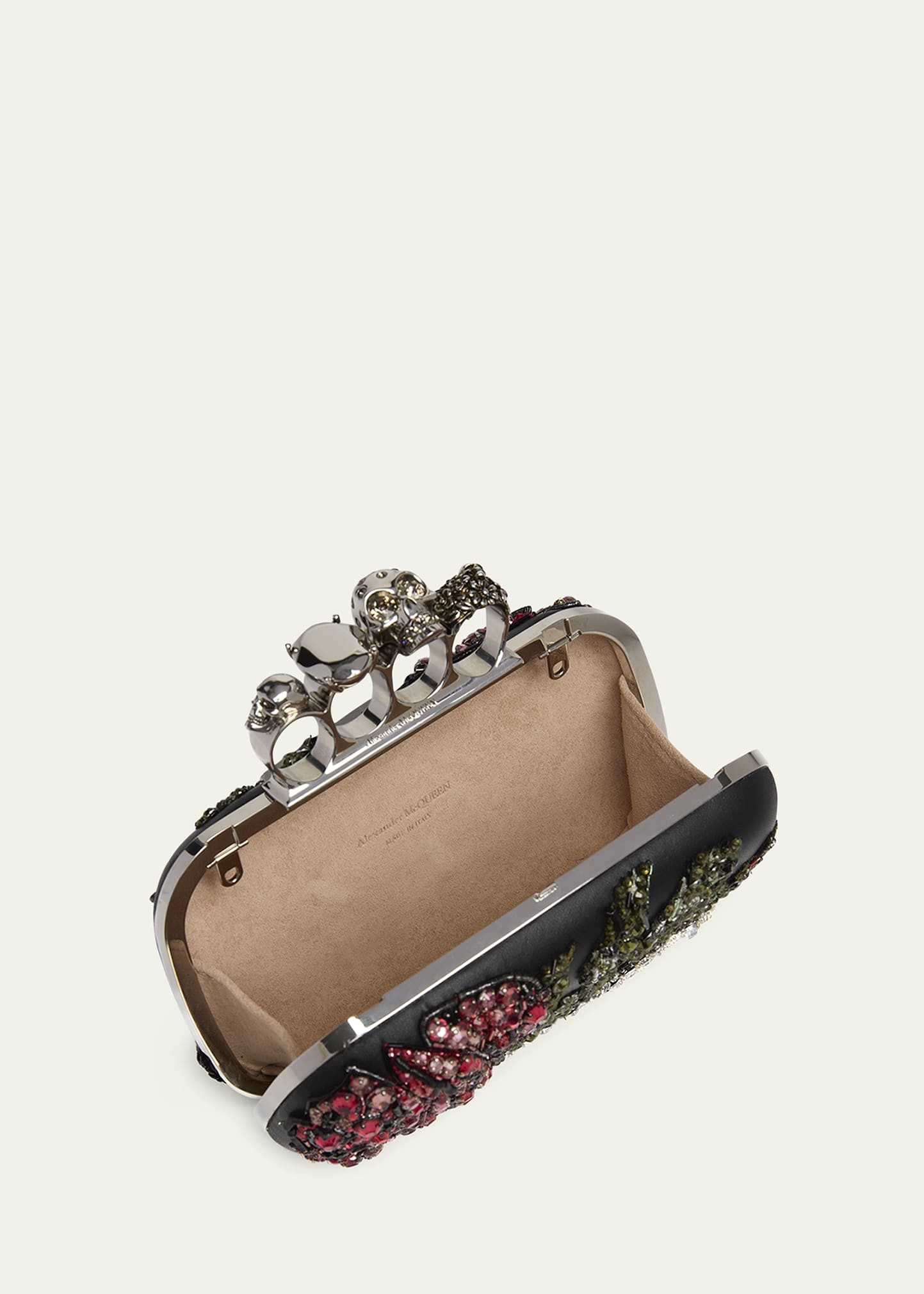 Bead & Crystal Flower Skull Four Ring Clutch Bag - 4