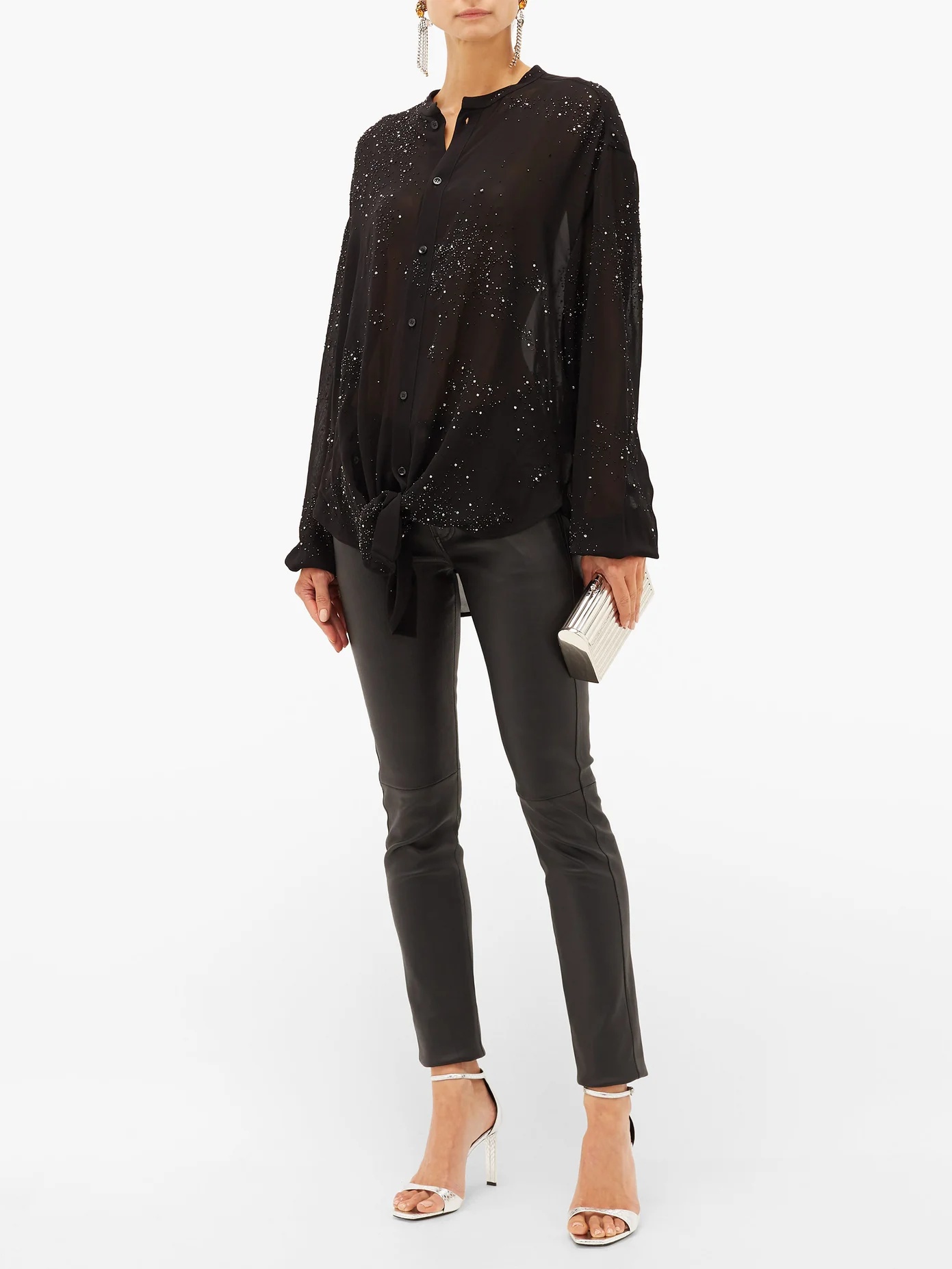 Crystal-embellished tie-front georgette blouse - 2