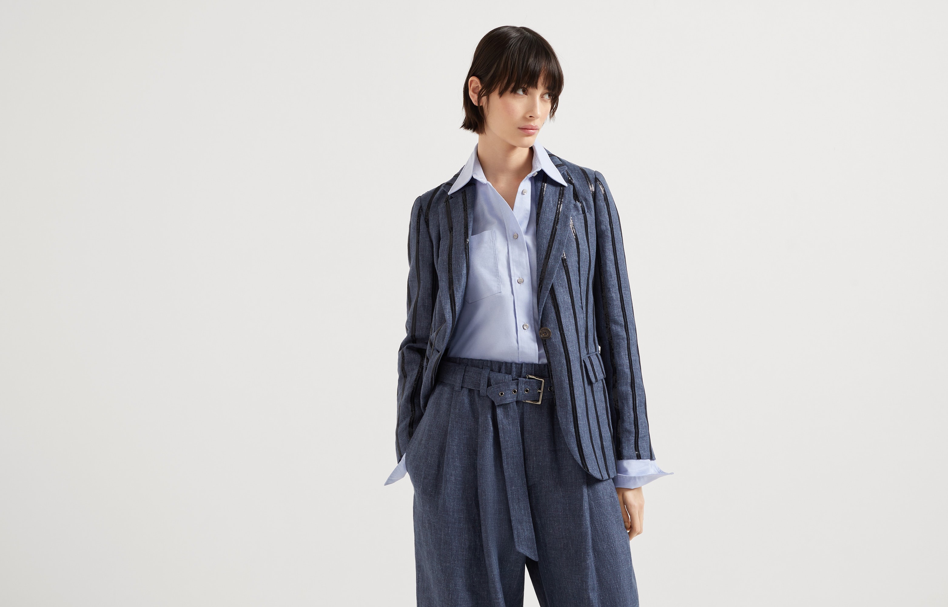 Denim effect linen blazer with dazzling stripe embroidery - 6