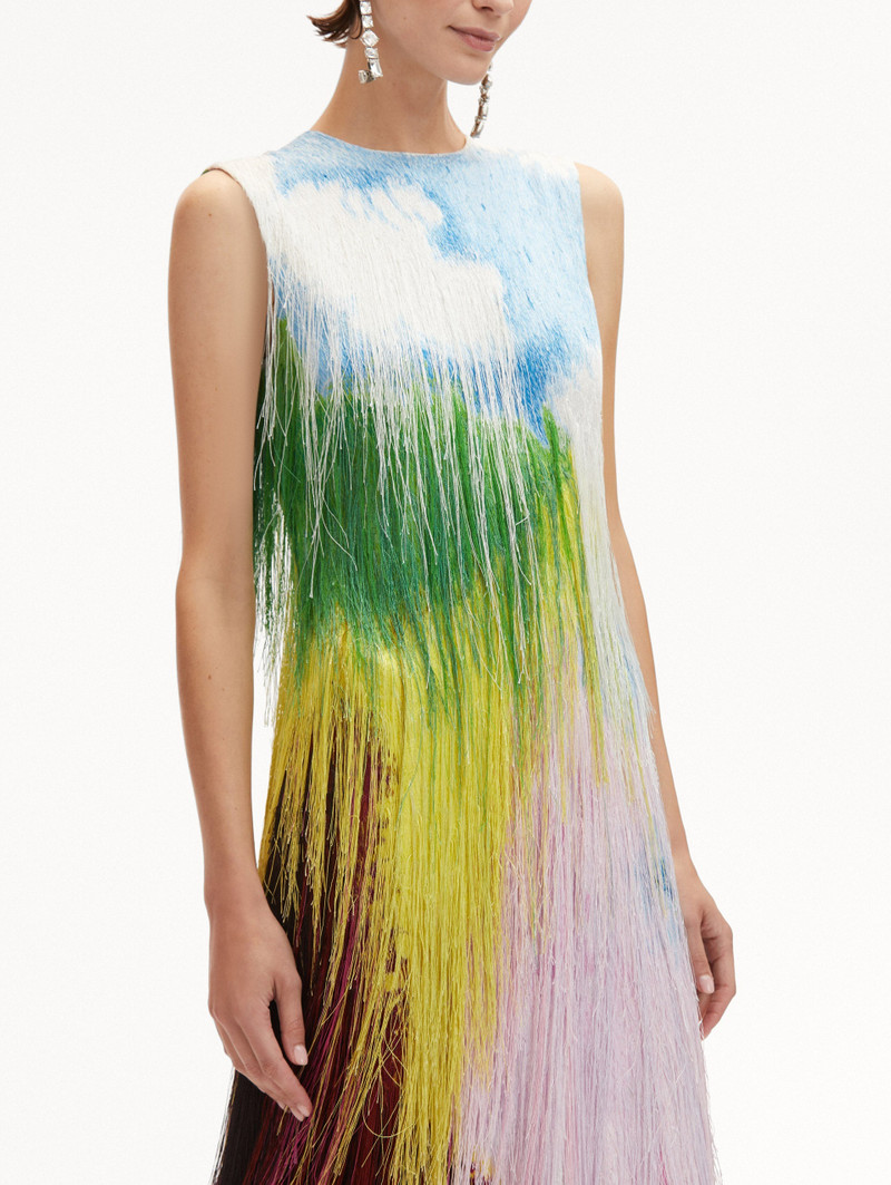 Oscar de la Renta ABSTRACT WATERCOLOR FRINGE COCKTAIL DRESS -  25RE616SSA_LPM | REVERSIBLE