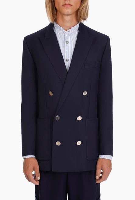 Navy blue wool blazer with double-breasted silver-tone buttoned fastening - 5