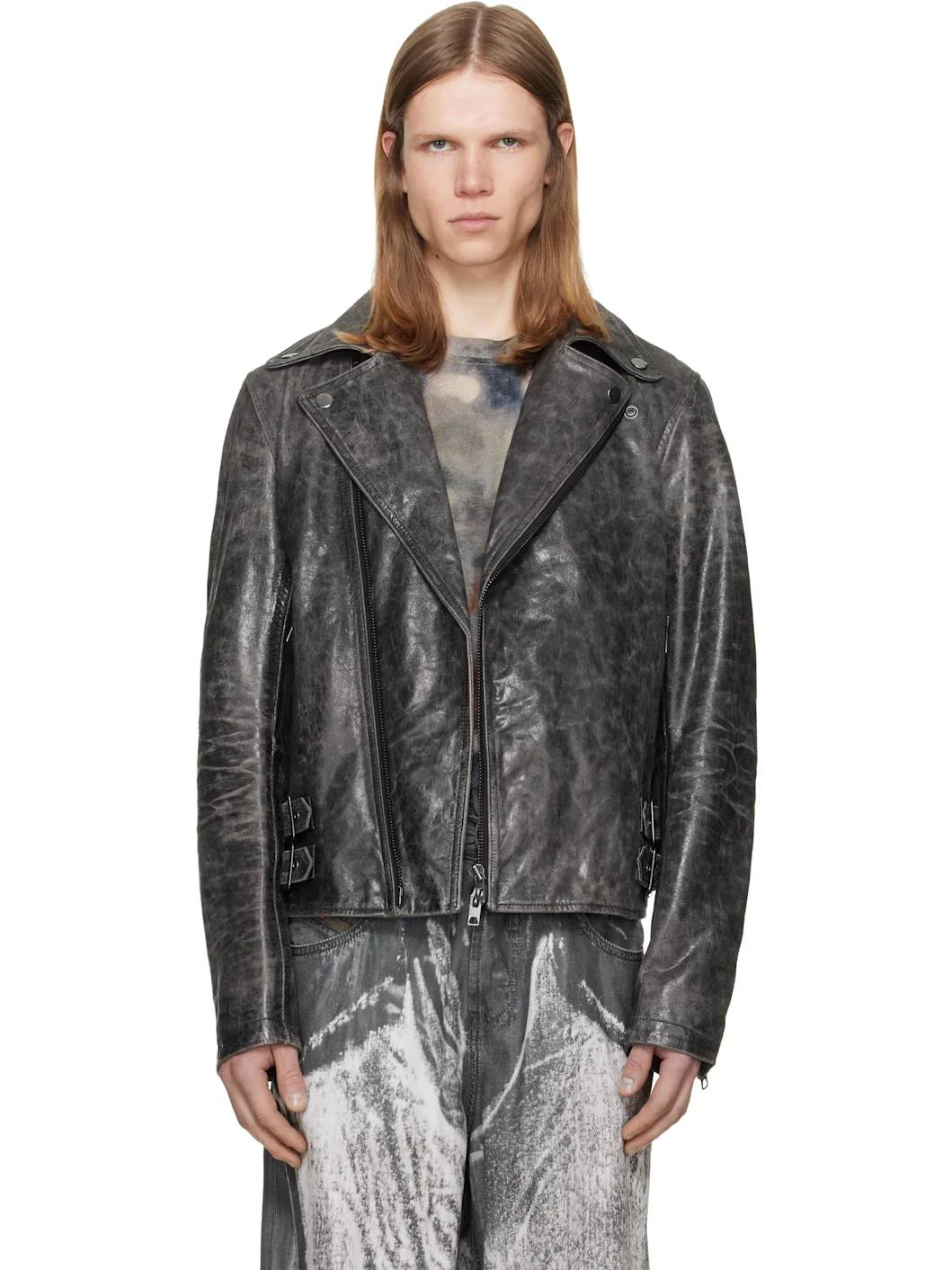 Gray Treated Leather Biker Jacket - 1