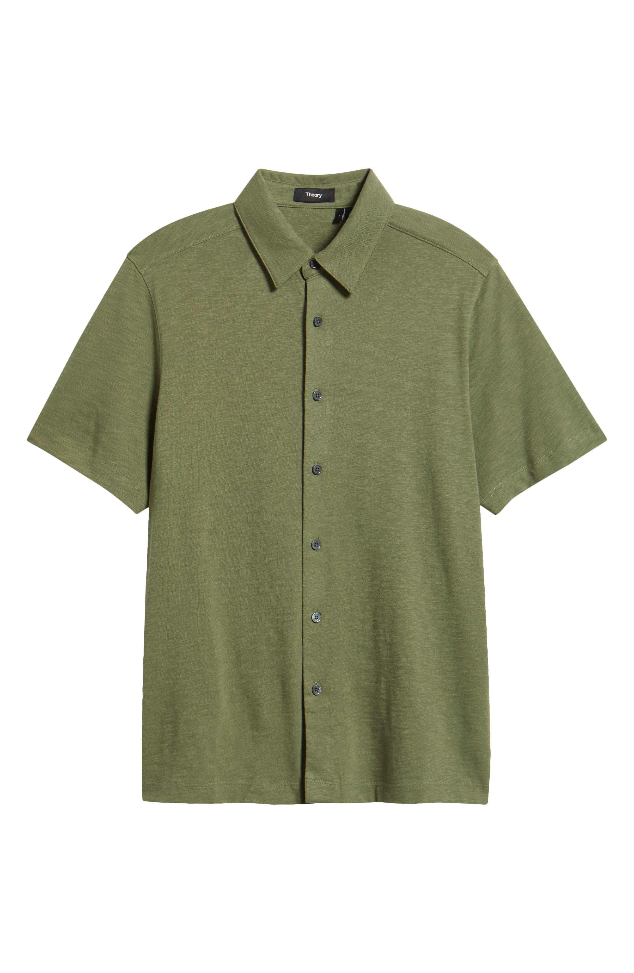 Theory Noran Short Sleeve Knit Button-Up Shirt in Orchard - 1