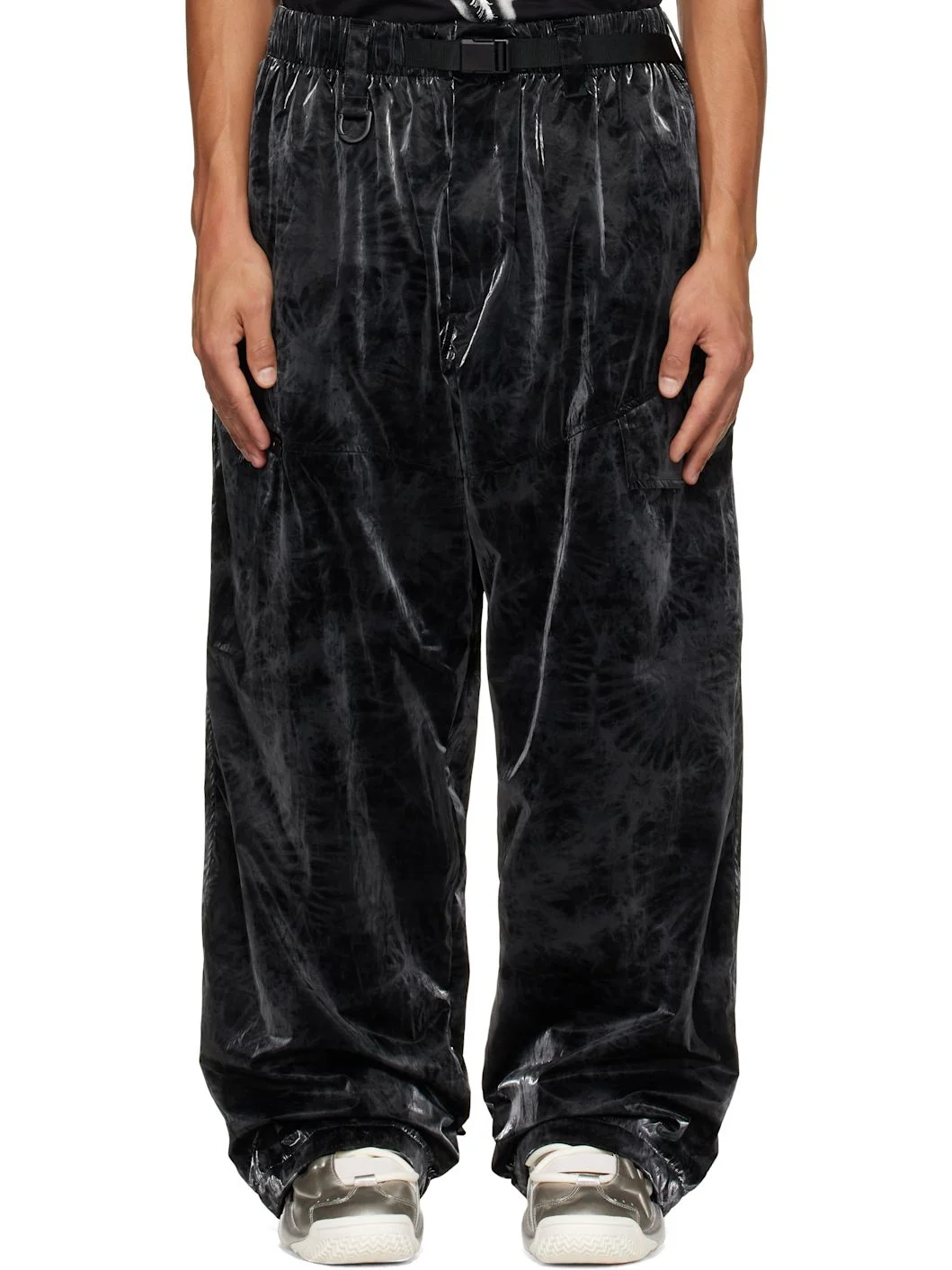 Black Marble Nylon Tapered Cargo Pants - 1