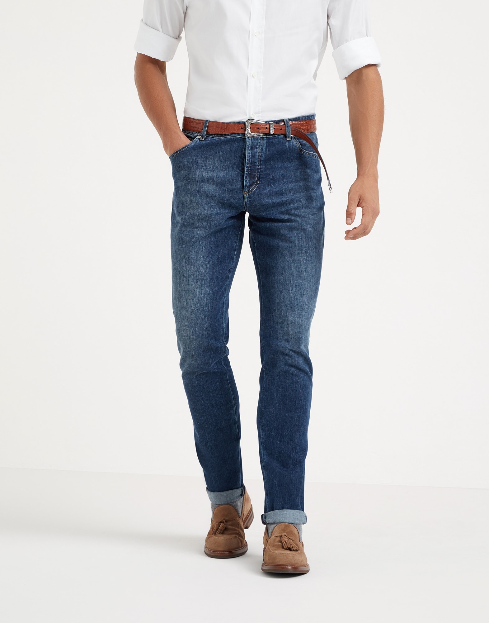 Comfort cotton denim slim fit five-pocket trousers - 1