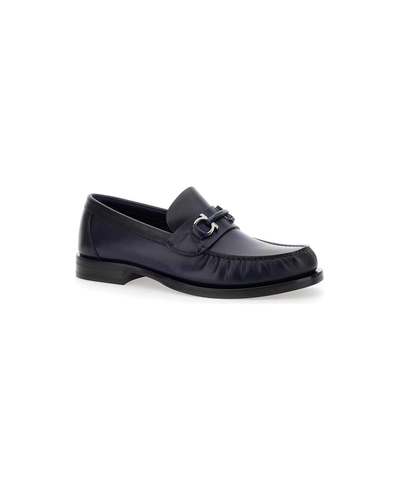 'fort' Blue Slip-on Loafers With Gancini Detail In Brushed Leather Man - 2