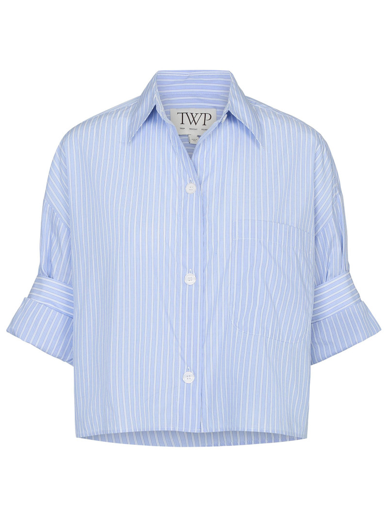 Women's Next Ex Striped Cotton Crop Shirt - Blue Haven White 1