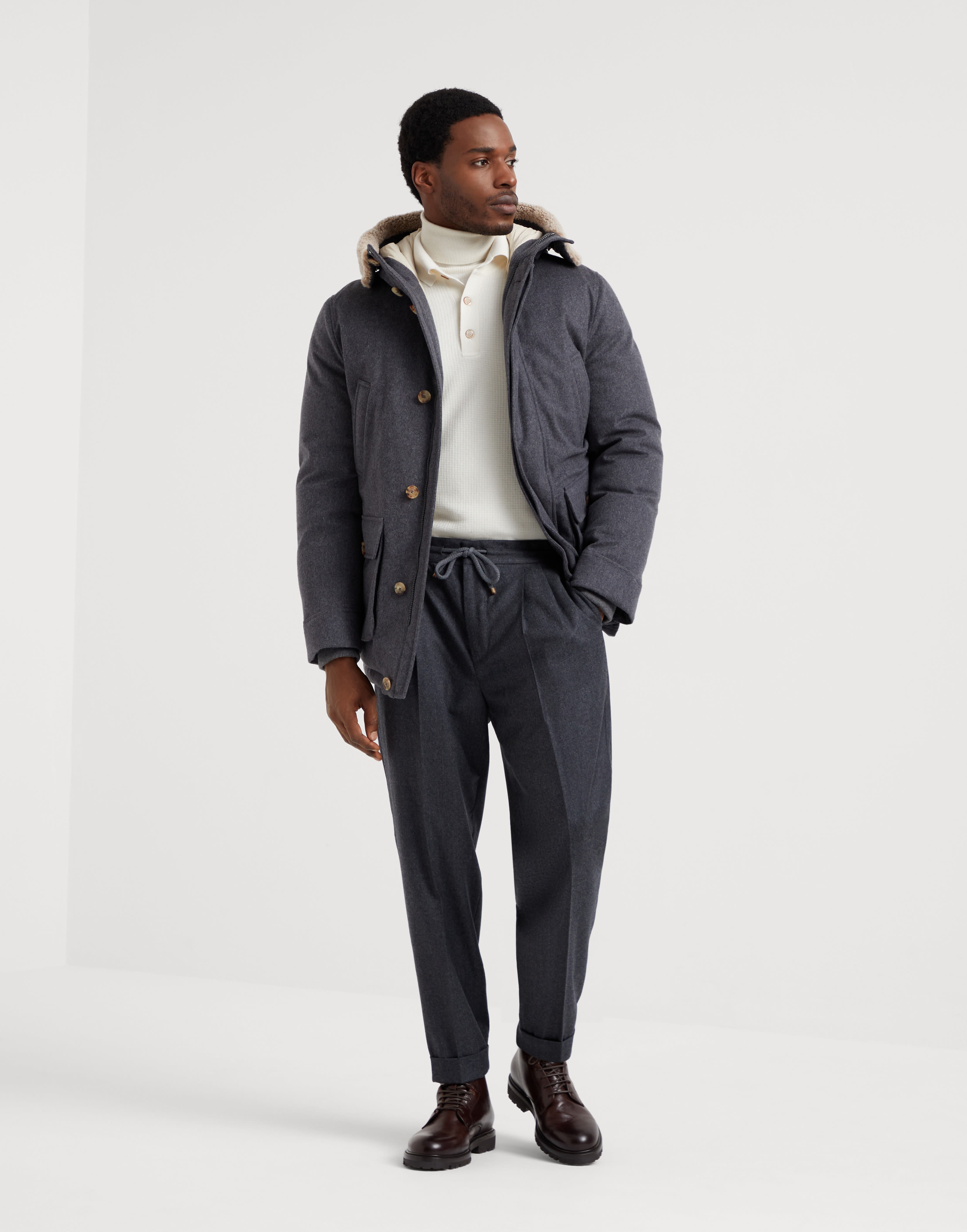 Bonded wool flannel hooded down parka with shearling insert - 5