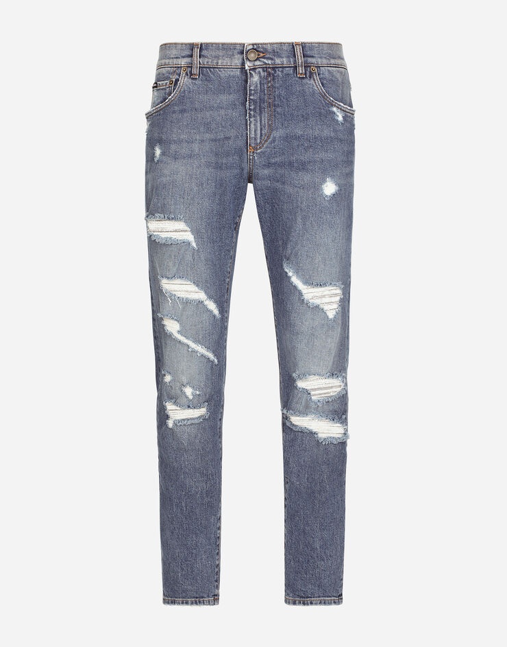 Mid blue slim-fit stretch jeans with rips - 3
