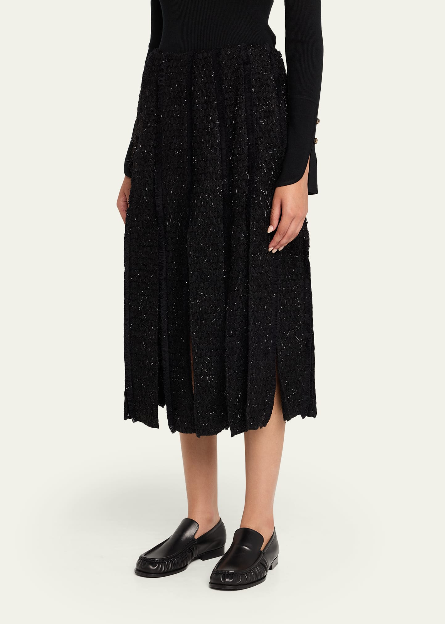 Pleated Slit Fray Midi Skirt - 4