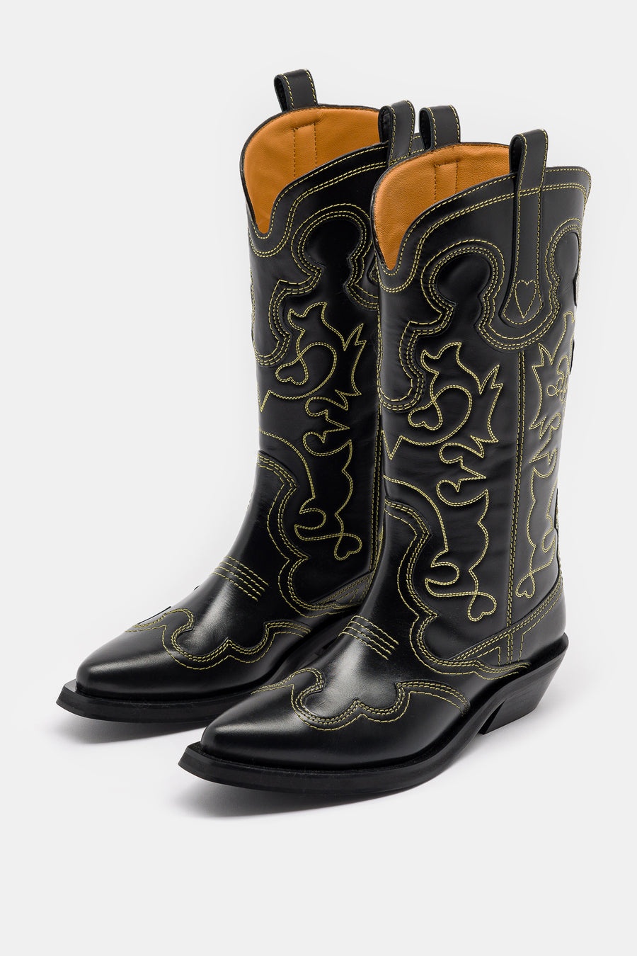 Mid Shaft Embroidered Western Boot in Black/Yellow - 2