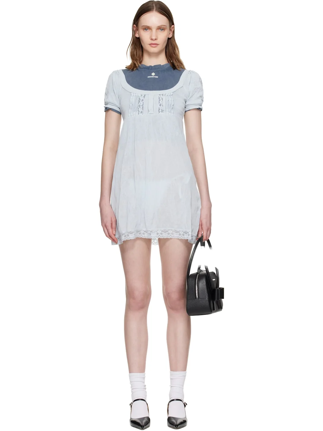 Blue Boatneck Puff Sleeve Knit Minidress - 1