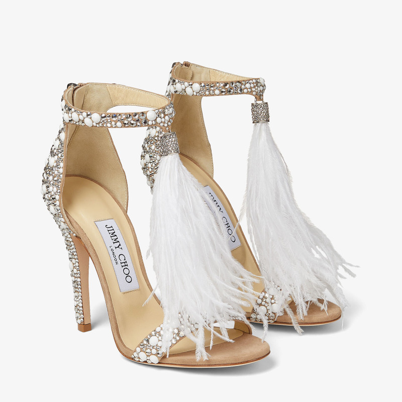 Viola 110 White Suede Sandals with Hotfix Crystals and Ostrich Feather Tassel 3